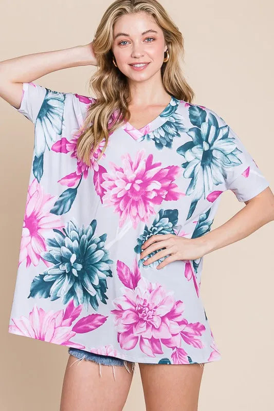 BOMBOM Floral V-Neck Short Sleeve T-Shirt - Lilixa.store
