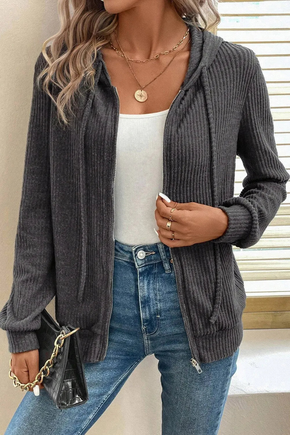 Drawstring Zip Up Long  Sleeve Hooded Jacket - Lilixa.store