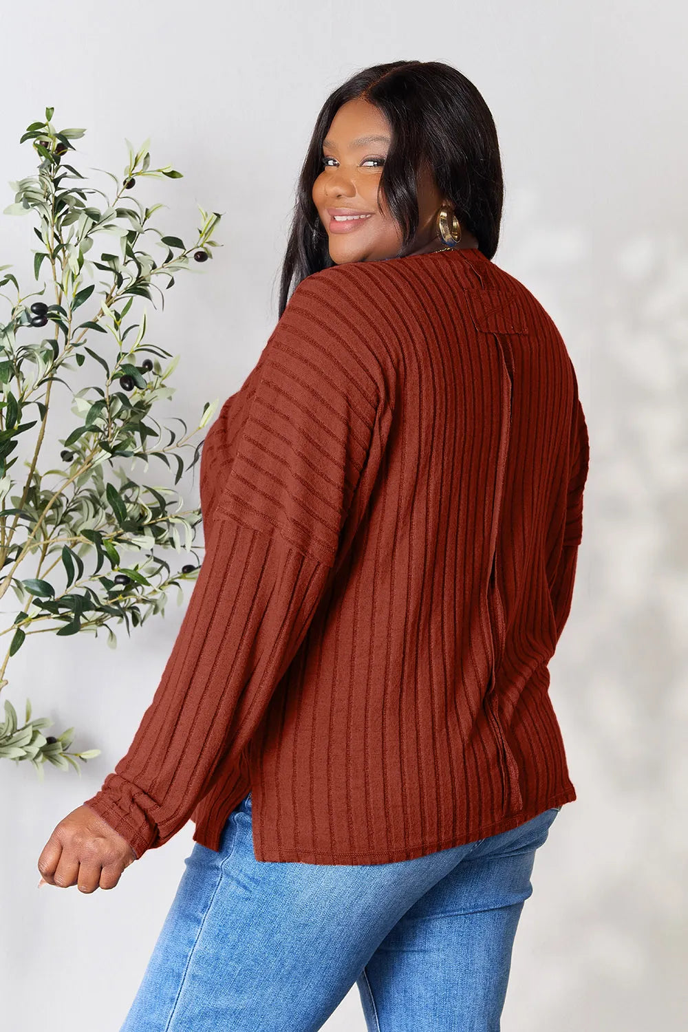 Basic Bae Full Size Ribbed Round Neck Slit Knit Top - Lilixa.store
