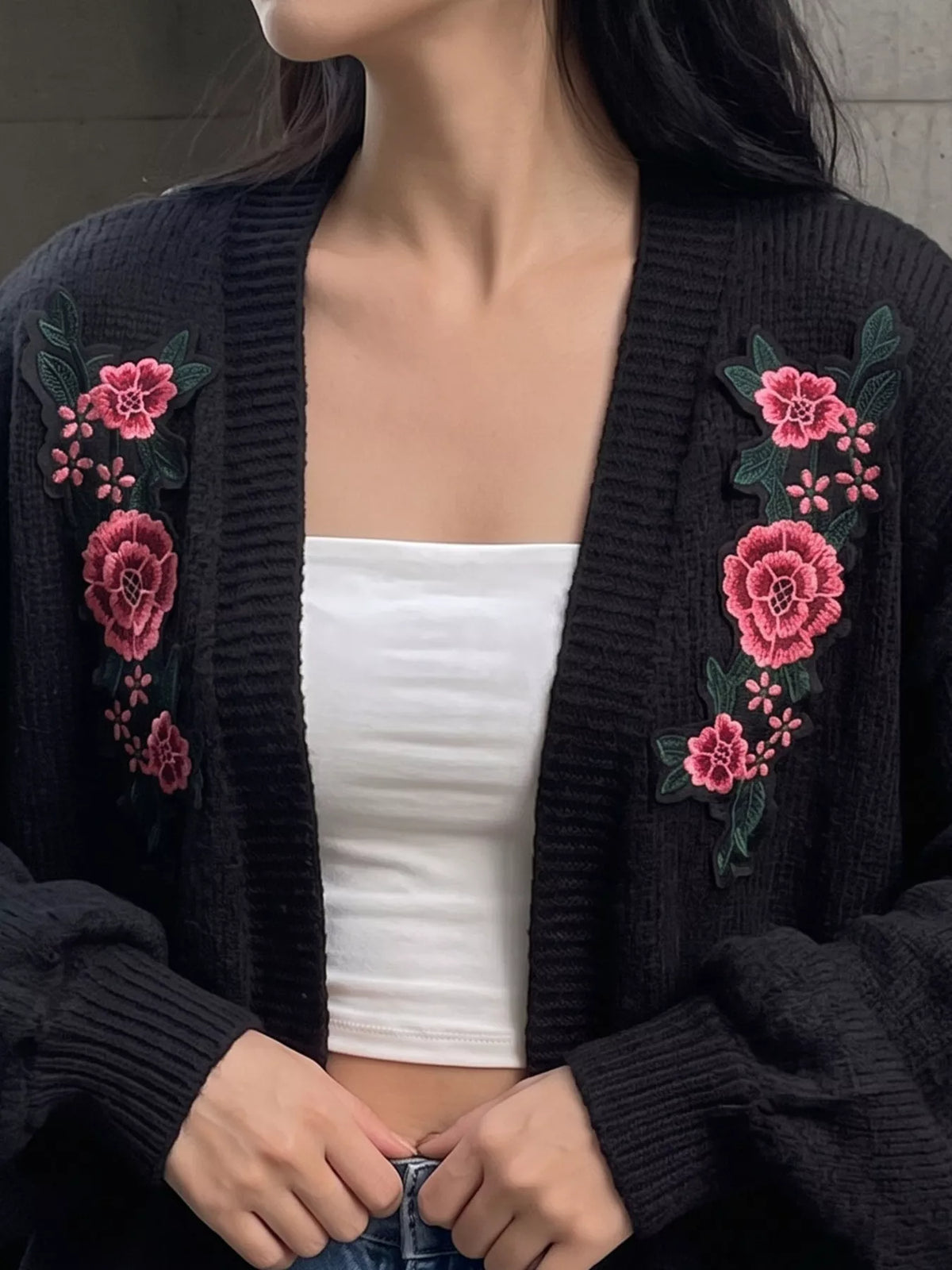 Floral Embroidered Applique Knit Cardigan in Black, view 3