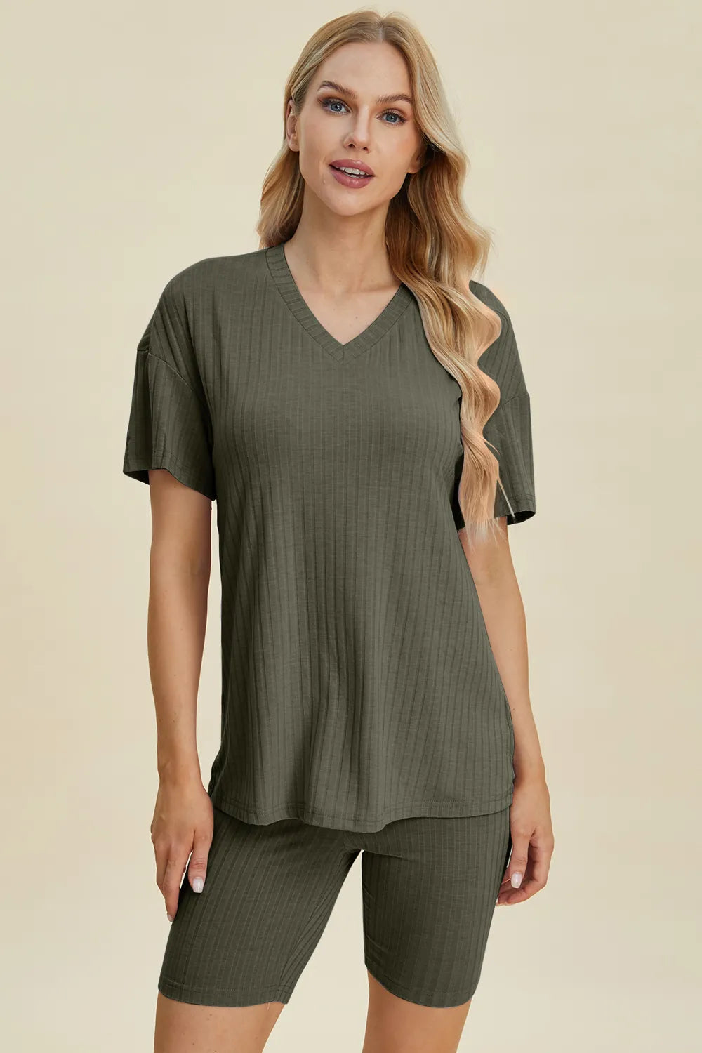 Basic Bae Full Size Ribbed V-Neck Short Sleeve Top and Shorts Set - Lilixa.store