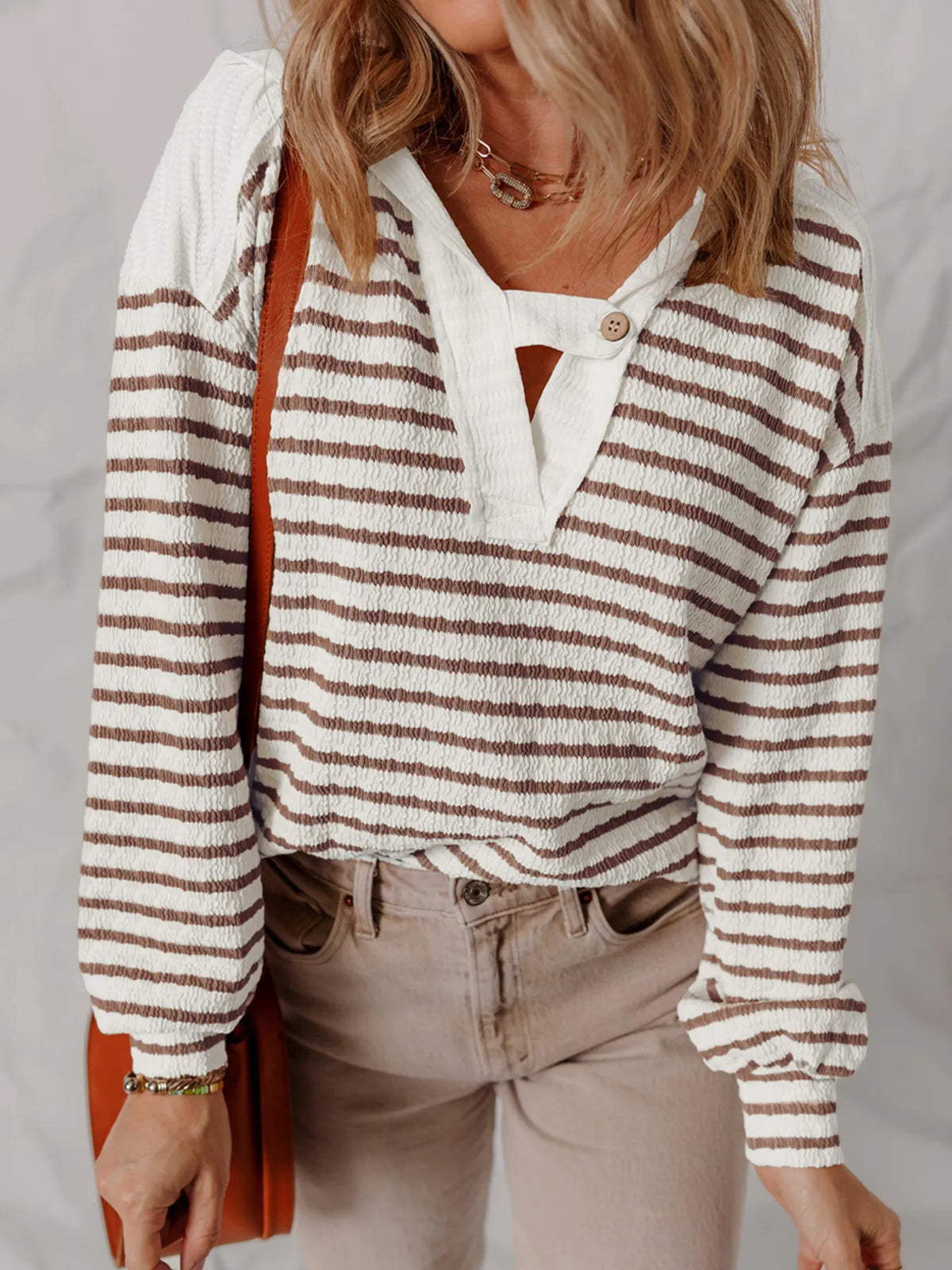Striped V-Neck Long Sleeve Knit Hoodie - Lilixa.store