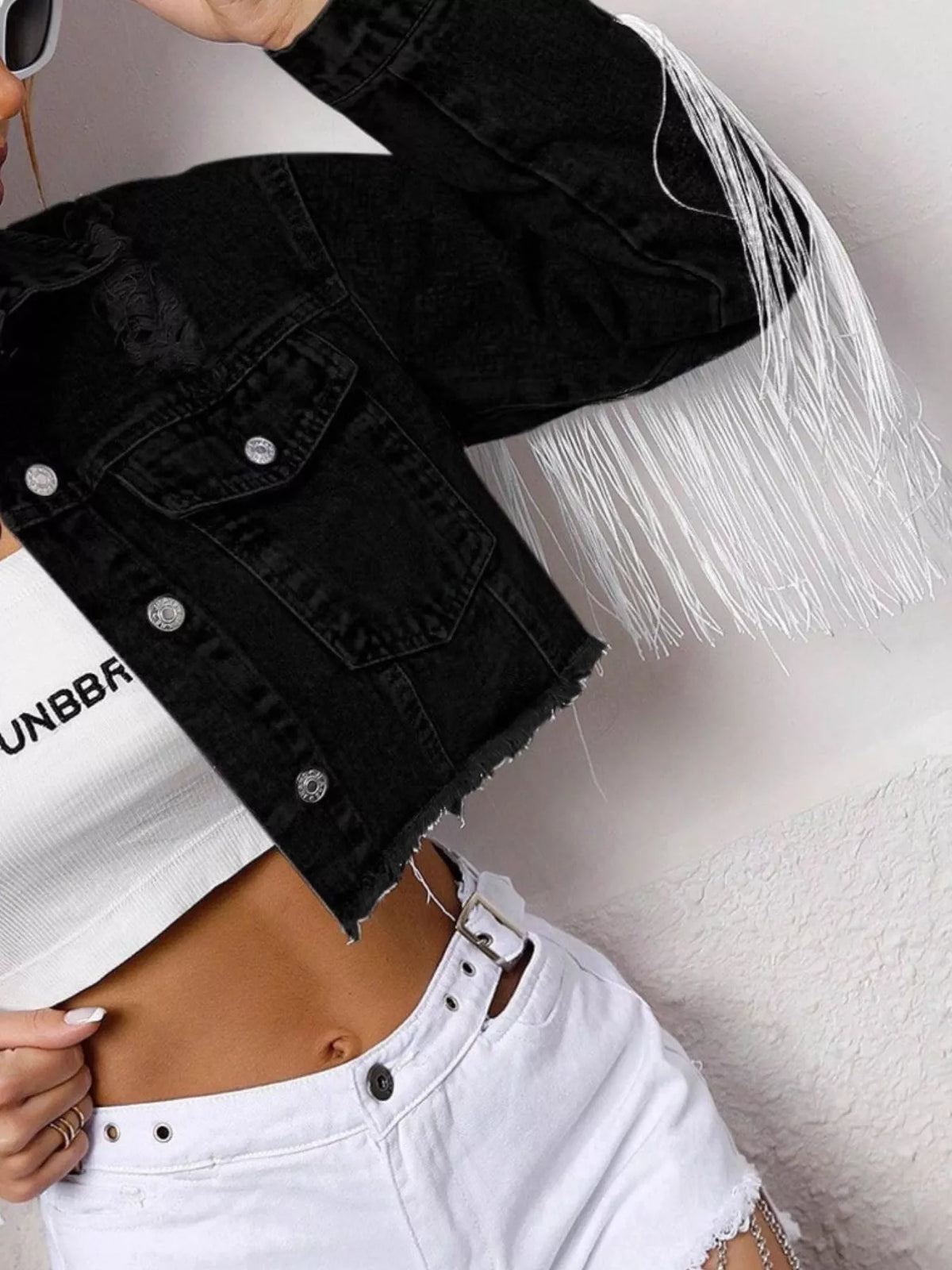Fringe Button Up Cropped Denim Jacket - Lilixa.store