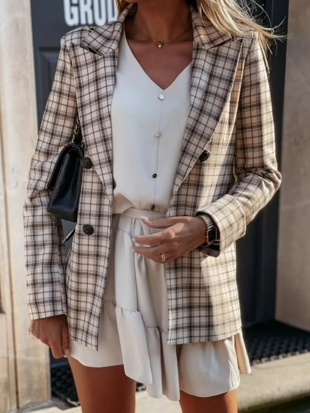 Houndstooth Double-Breasted Blazer - Lilixa.store