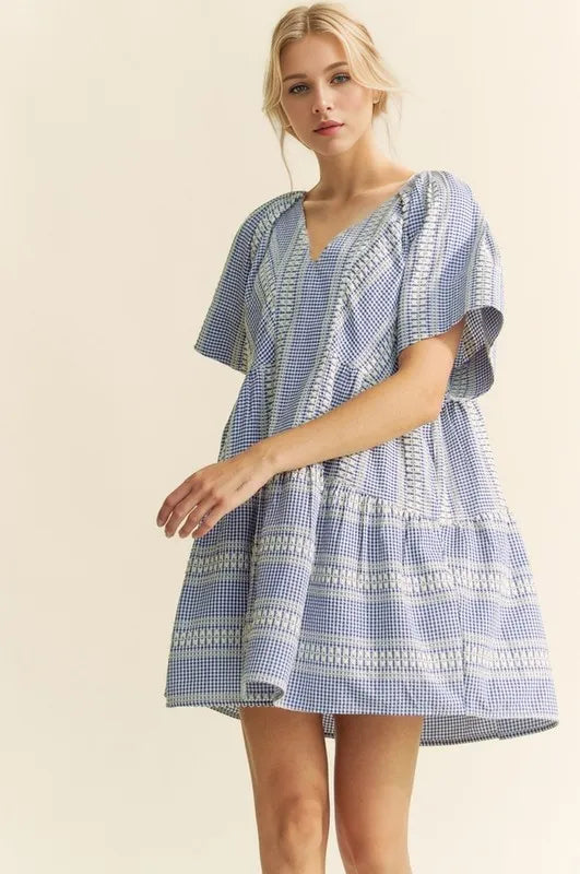 Davi & Dani Embroidered Stripe Ruffled Gingham Mini Dress - Lilixa.store