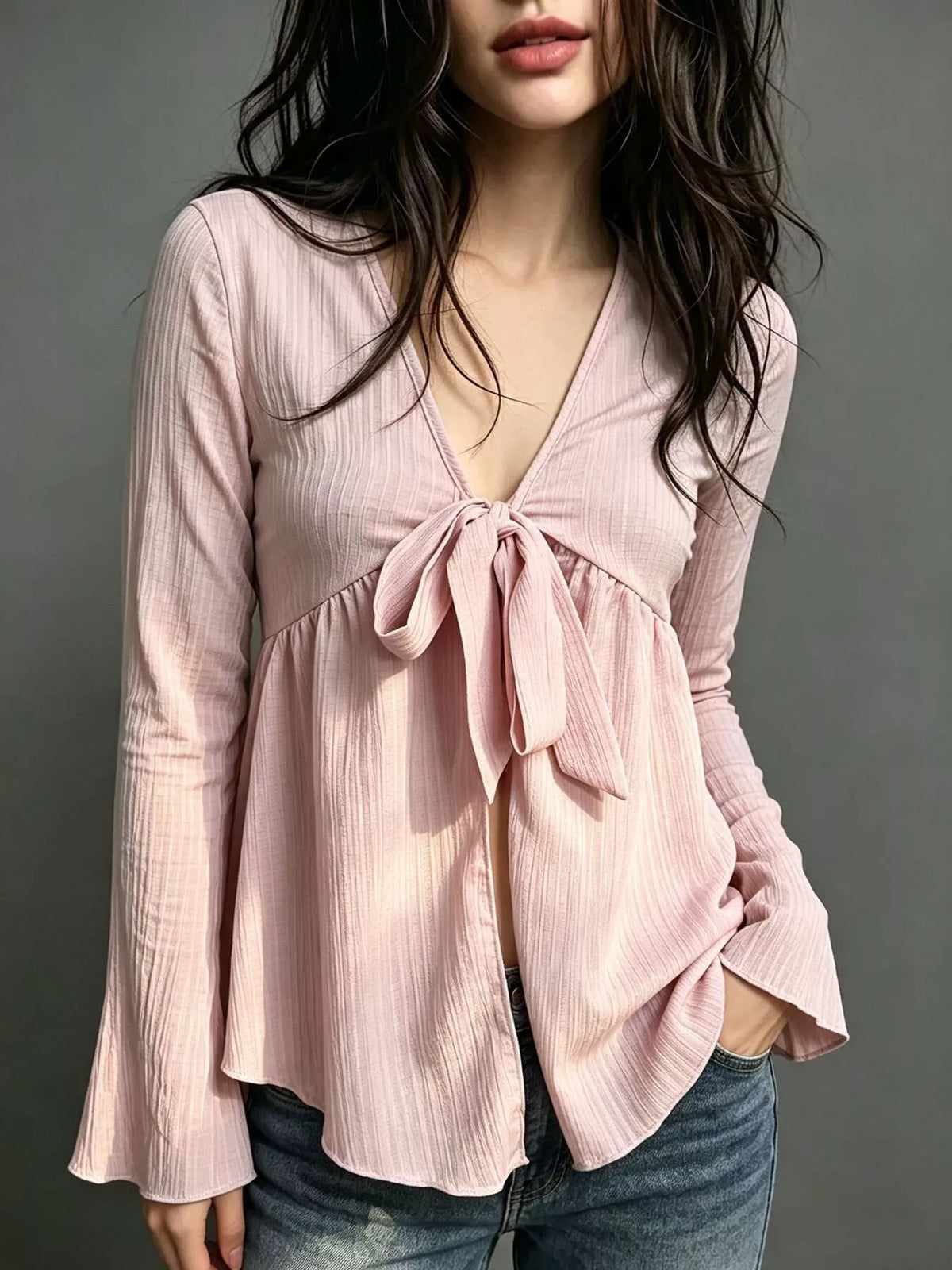 Tie-Front Flare Sleeve Blouse - Lilixa.store
