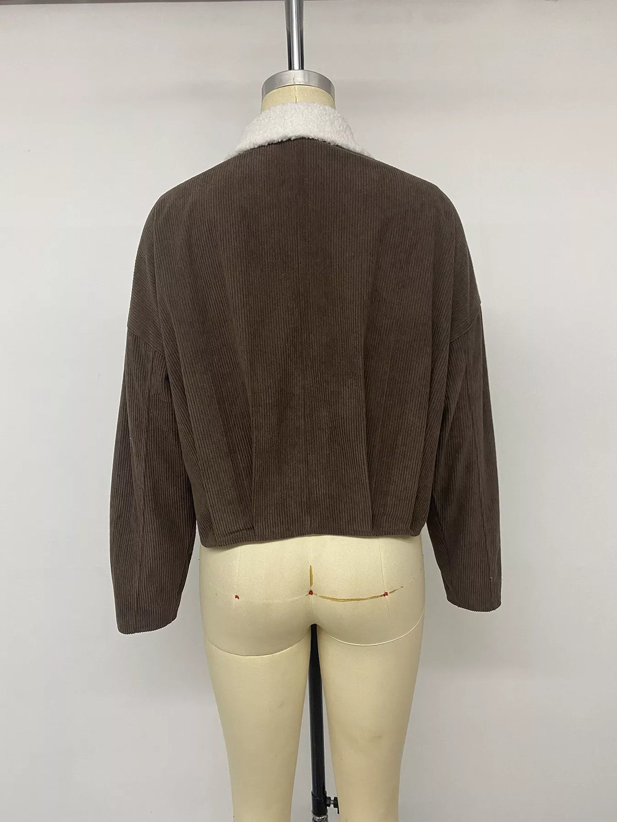 Contrast Sherpa Collar Corduroy Zip Up Jacket - Lilixa.store