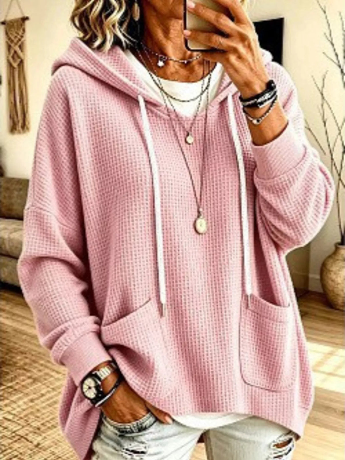 Full Size Waffle Knit Hoodie with Pockets Plus Size in Pink
