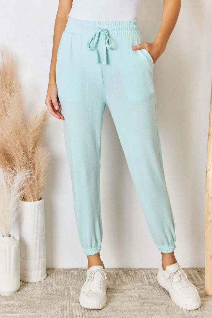 RISEN Full Size Drawstring Ultra Soft Knit Jogger in Mint