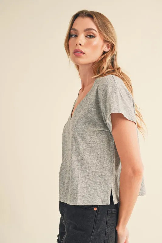 Aemi + Co Side Slit V-Neck Short Sleeve Cropped T-Shirt in Light Gray, view 3