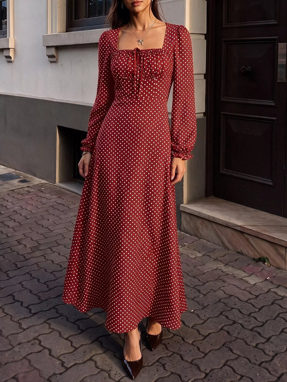Square Neck Polka Dot Long Sleeve Maxi Dress