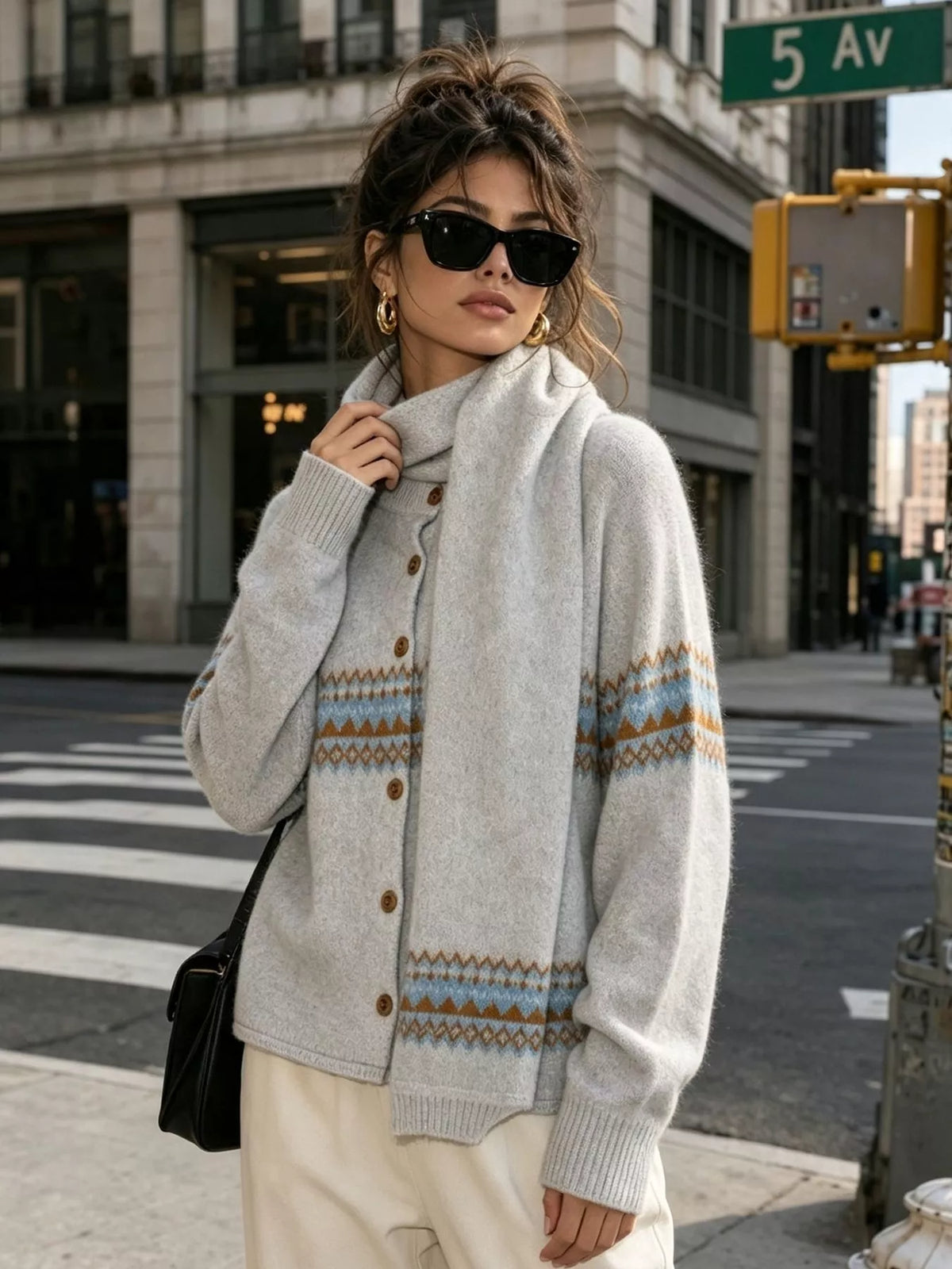 Geometric Button Down Knit Cardigan in Light Blue