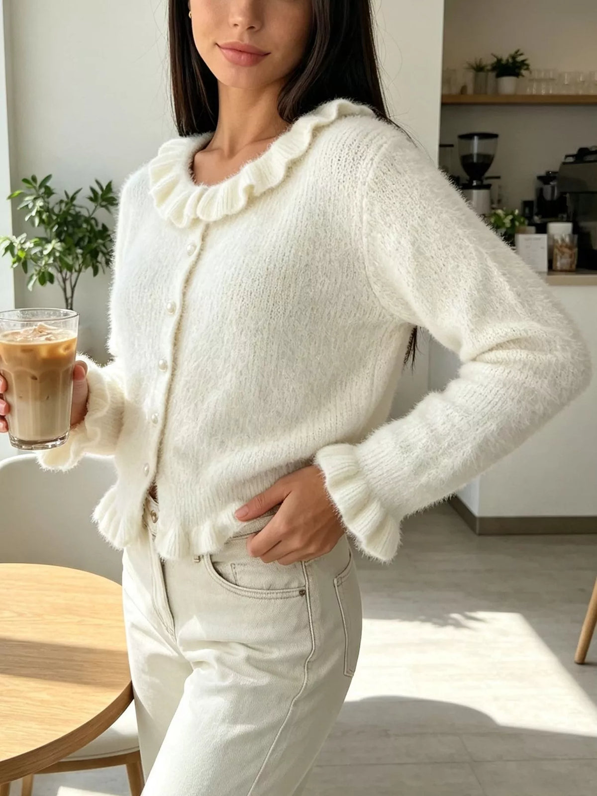 Soft Fuzzy Cardigan with Ruffled Collar and Pearl Buttons, view 6