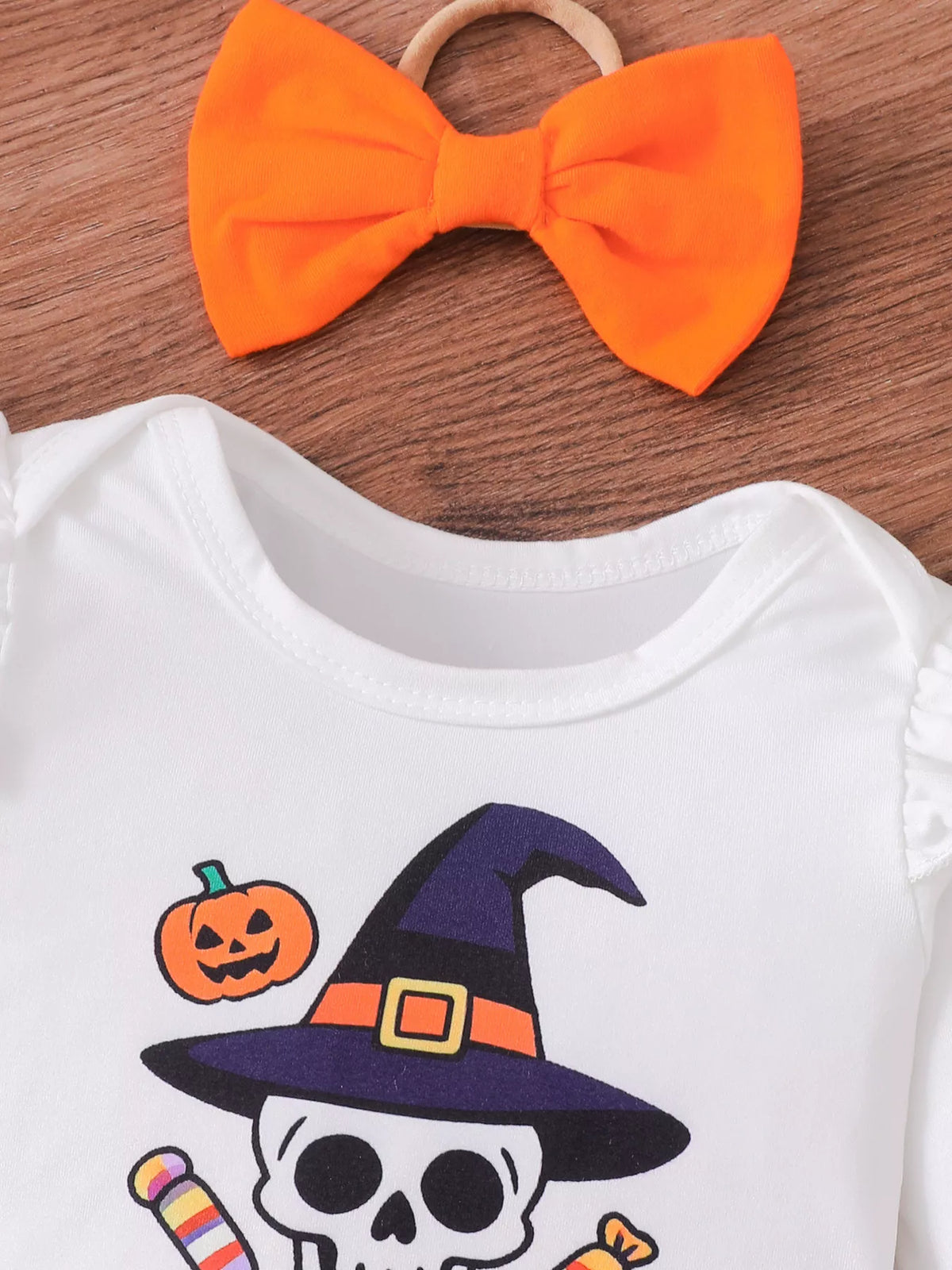 Children's Halloween Skull Print Long Sleeve Bodysuit and Pants Set with Bow Headband - Lilixa.store