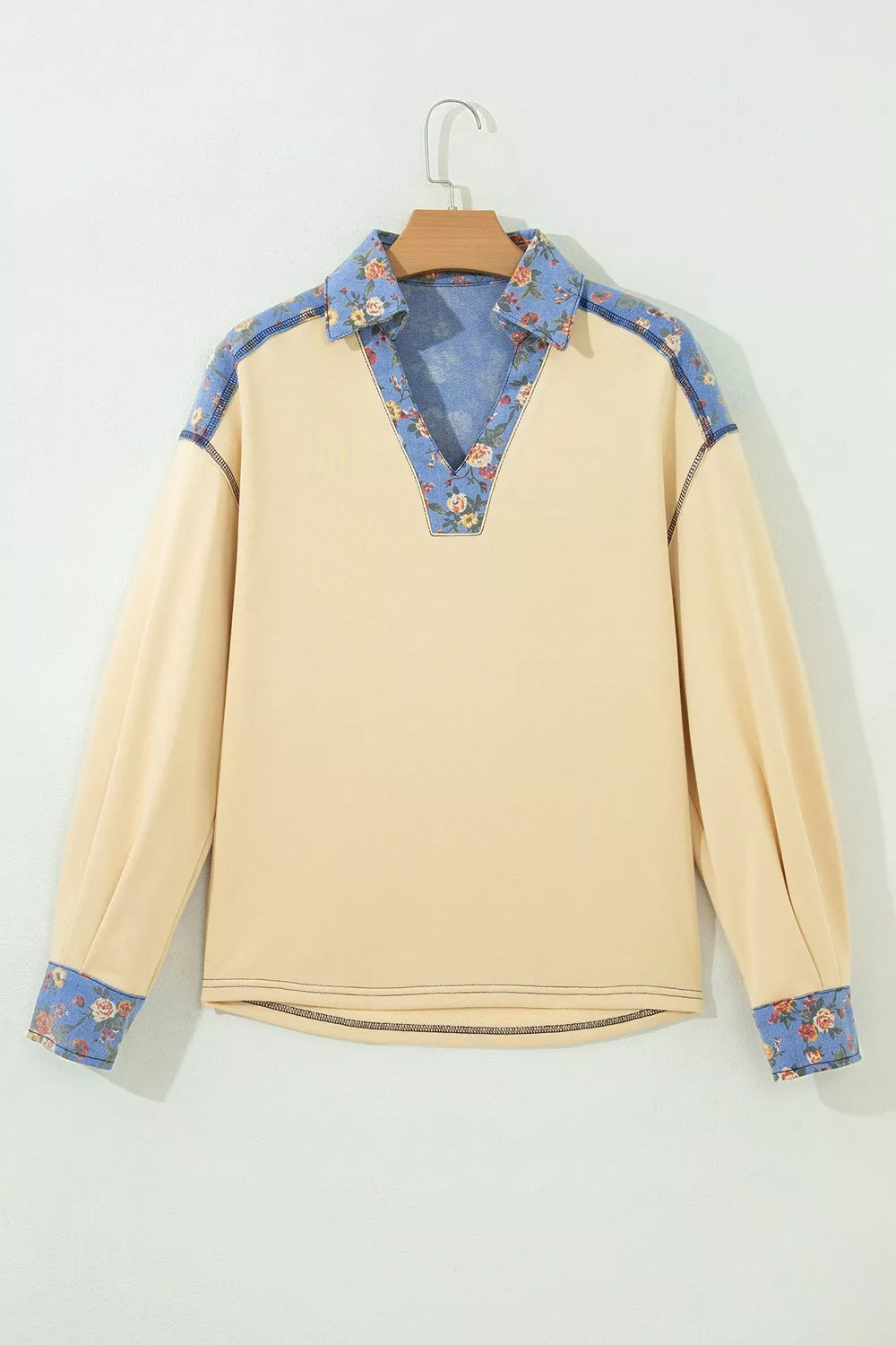 Floral Denim Patchwork Collar V Neck Long Sleeve Pullover Top, view 5