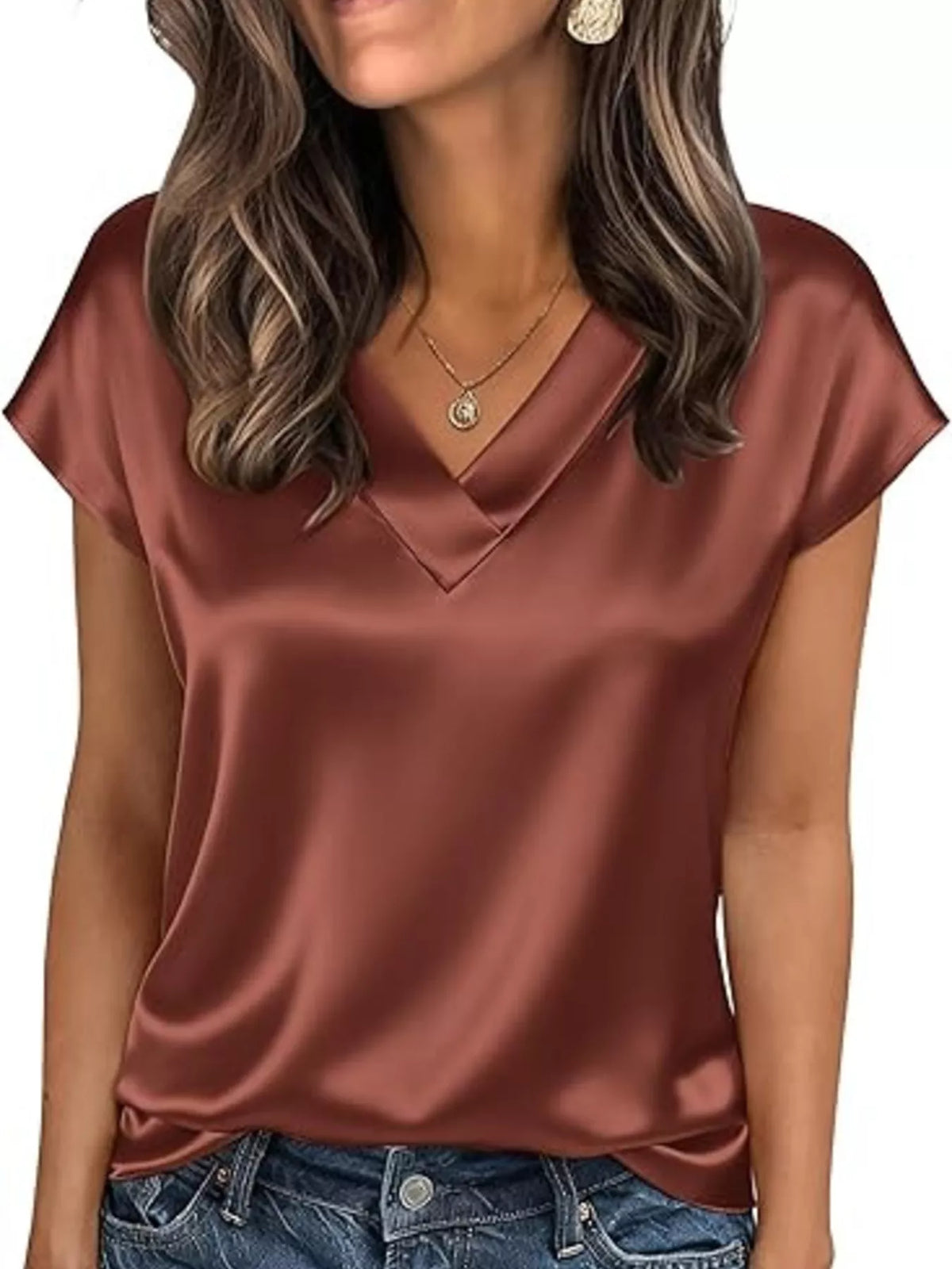 Satin V-Neck Short Sleeve Blouse - Lilixa.store