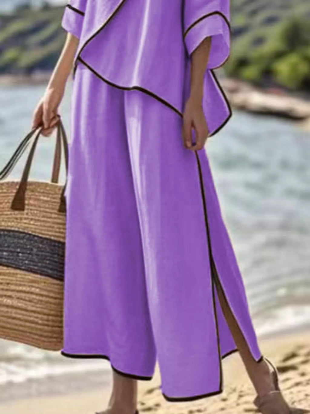 Full Size Contrast Trim Top and Wide Leg Pants Set Plus Size - Lilixa.store