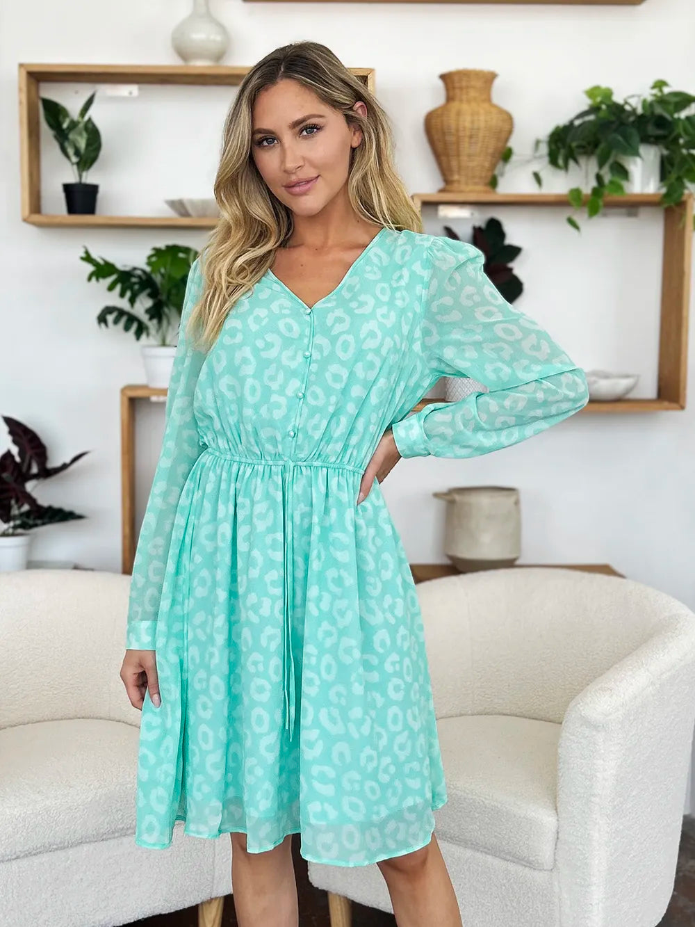 Double Take Full Size Printed Ruched V-Neck Long Sleeve Dress - Lilixa.store
