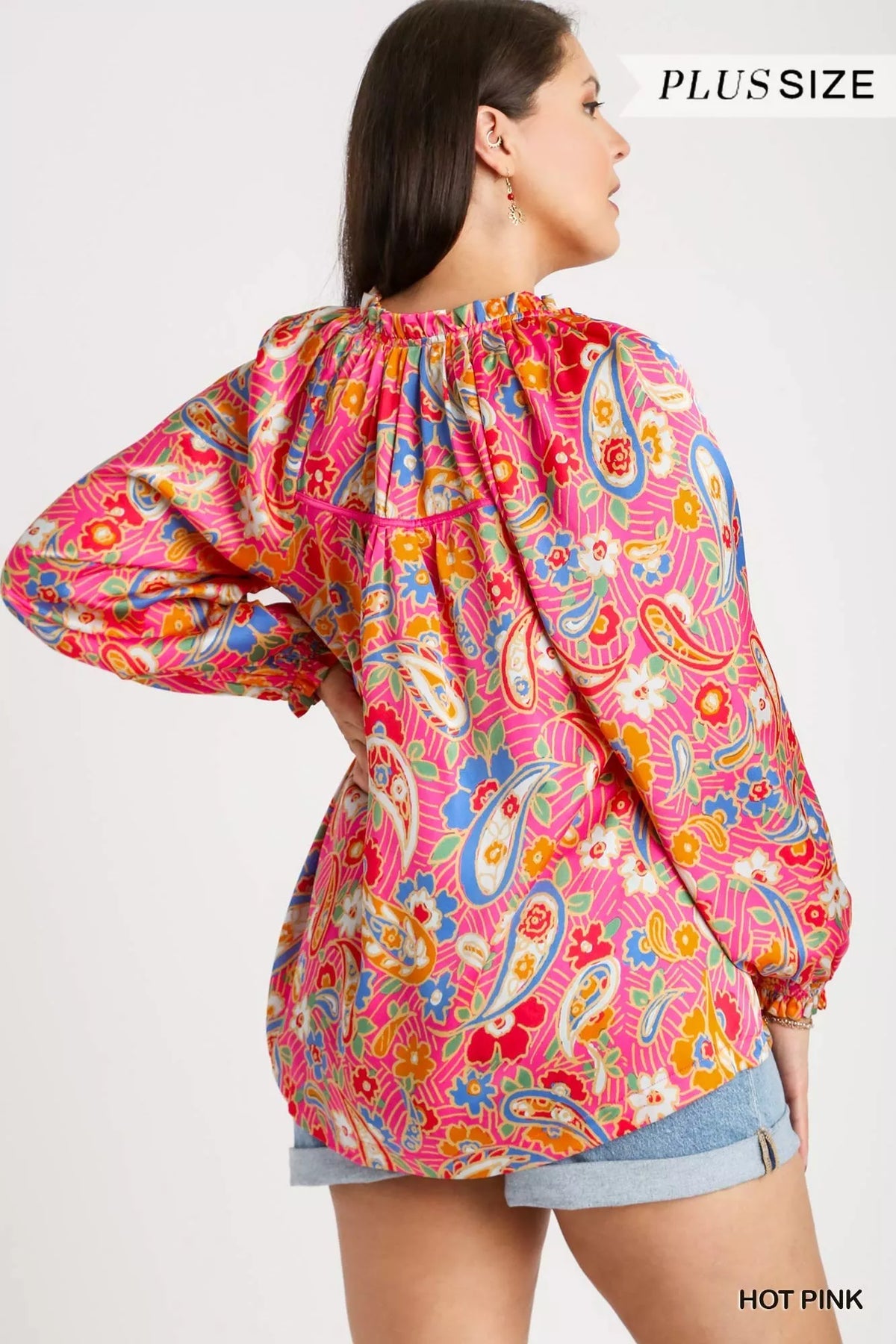 Umgee Full Size Satin Paisley Ruffle Neck Button-Up Shirt Plus Size in Hot Pink, view 8