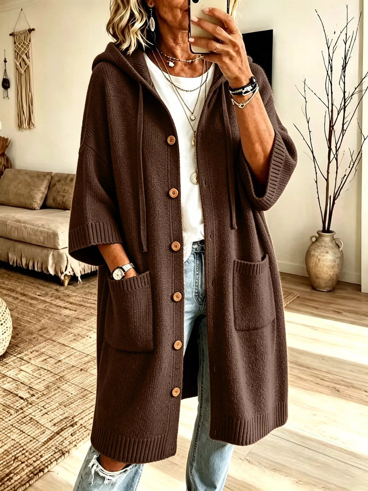 Hooded Button-Down Knit Cardigan with Pockets in Coffee Brown