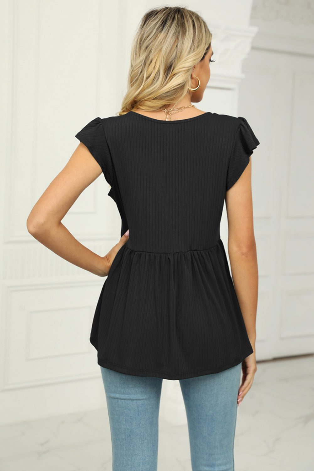 V-Neck Flutter Sleeve Babydoll Blouse - Lilixa.store