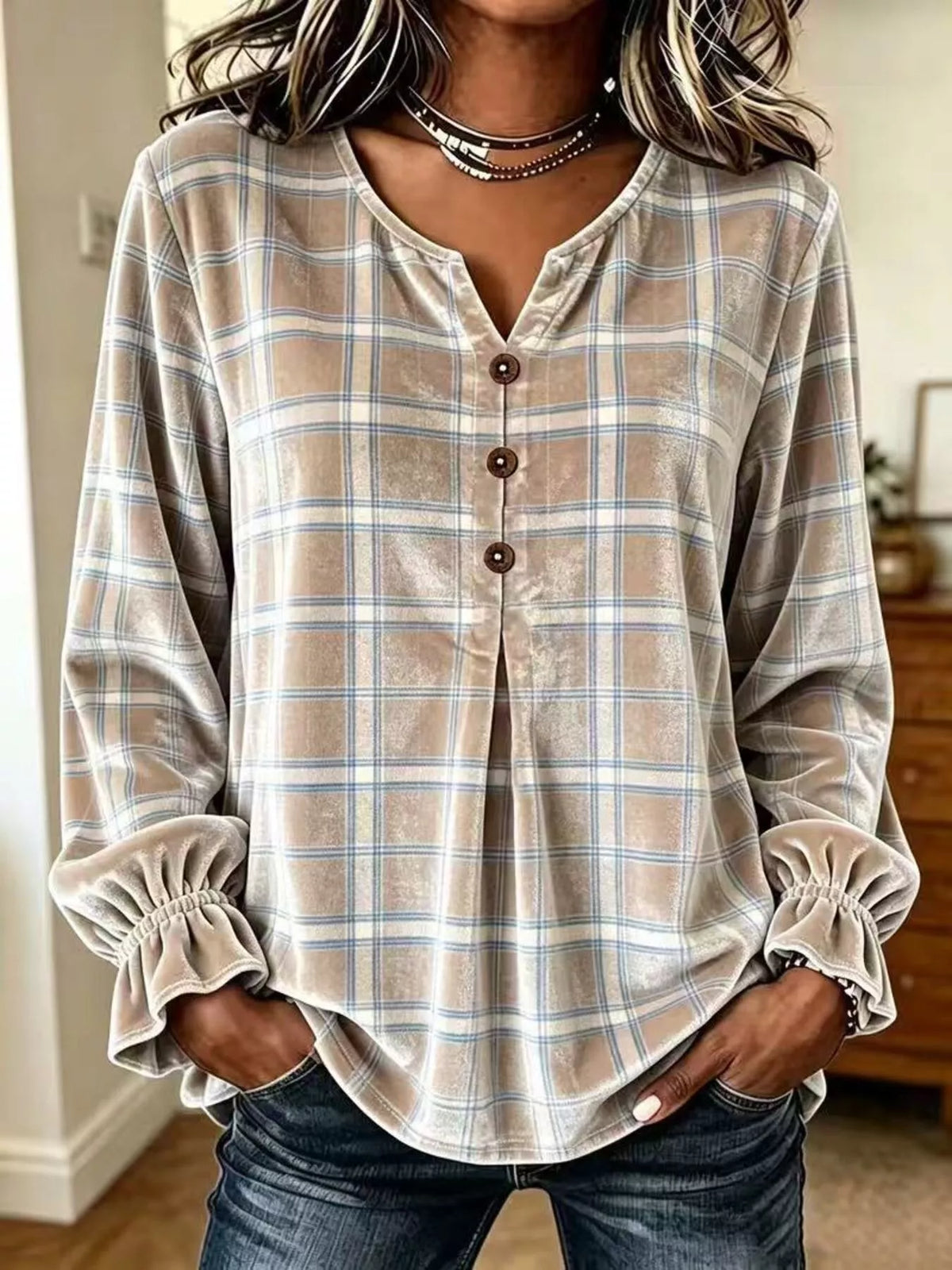 Full Size Plaid Velvet Flounce Sleeve Blouse Plus Size - Lilixa.store