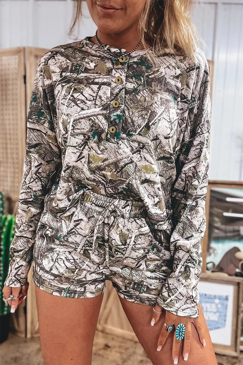 Camo Long Sleeve Top Elastic Waist Shorts Two Piece Set - Lilixa.store