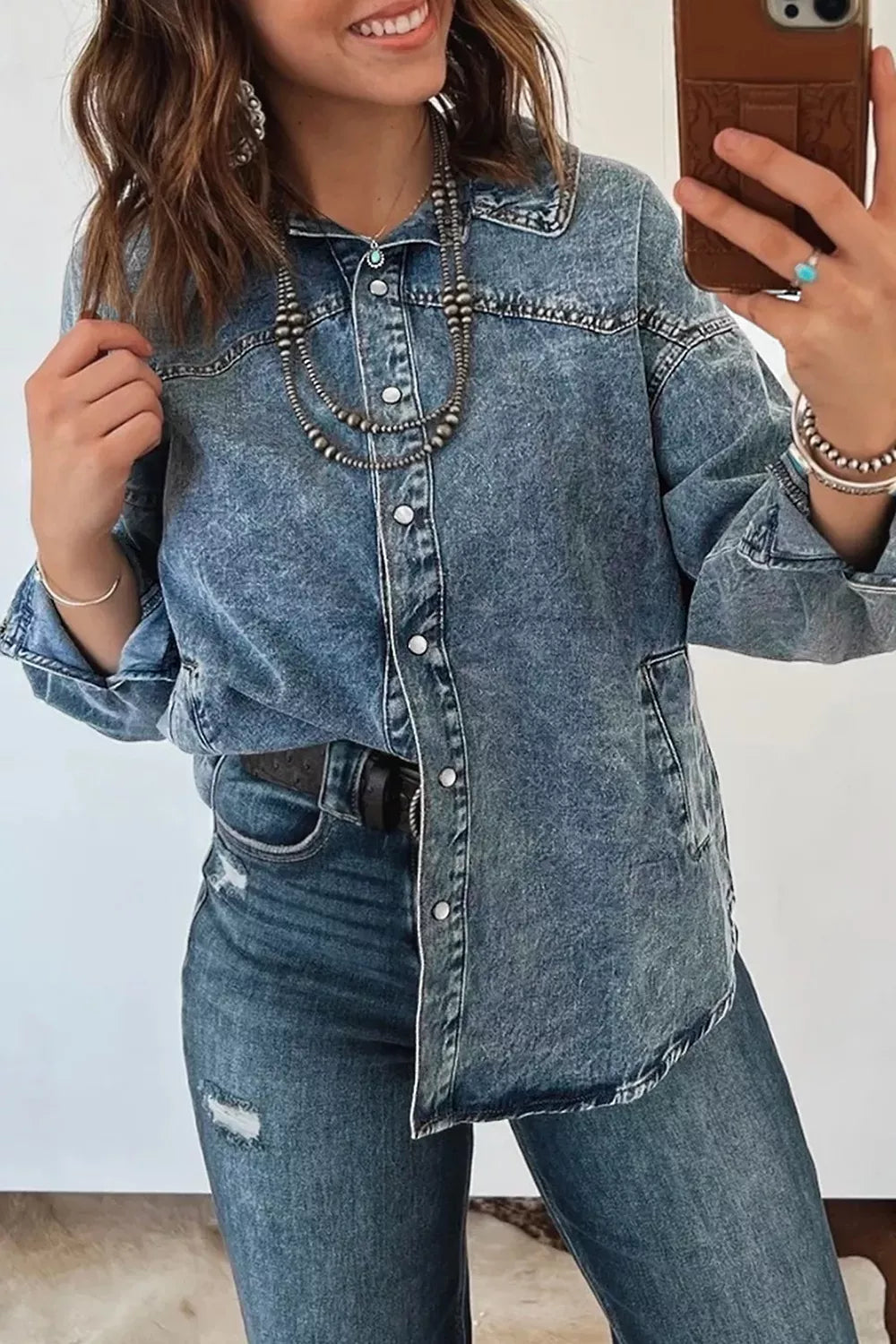Western Long Sleeve Shirt Collar Tunic Denim Jacket, view 2