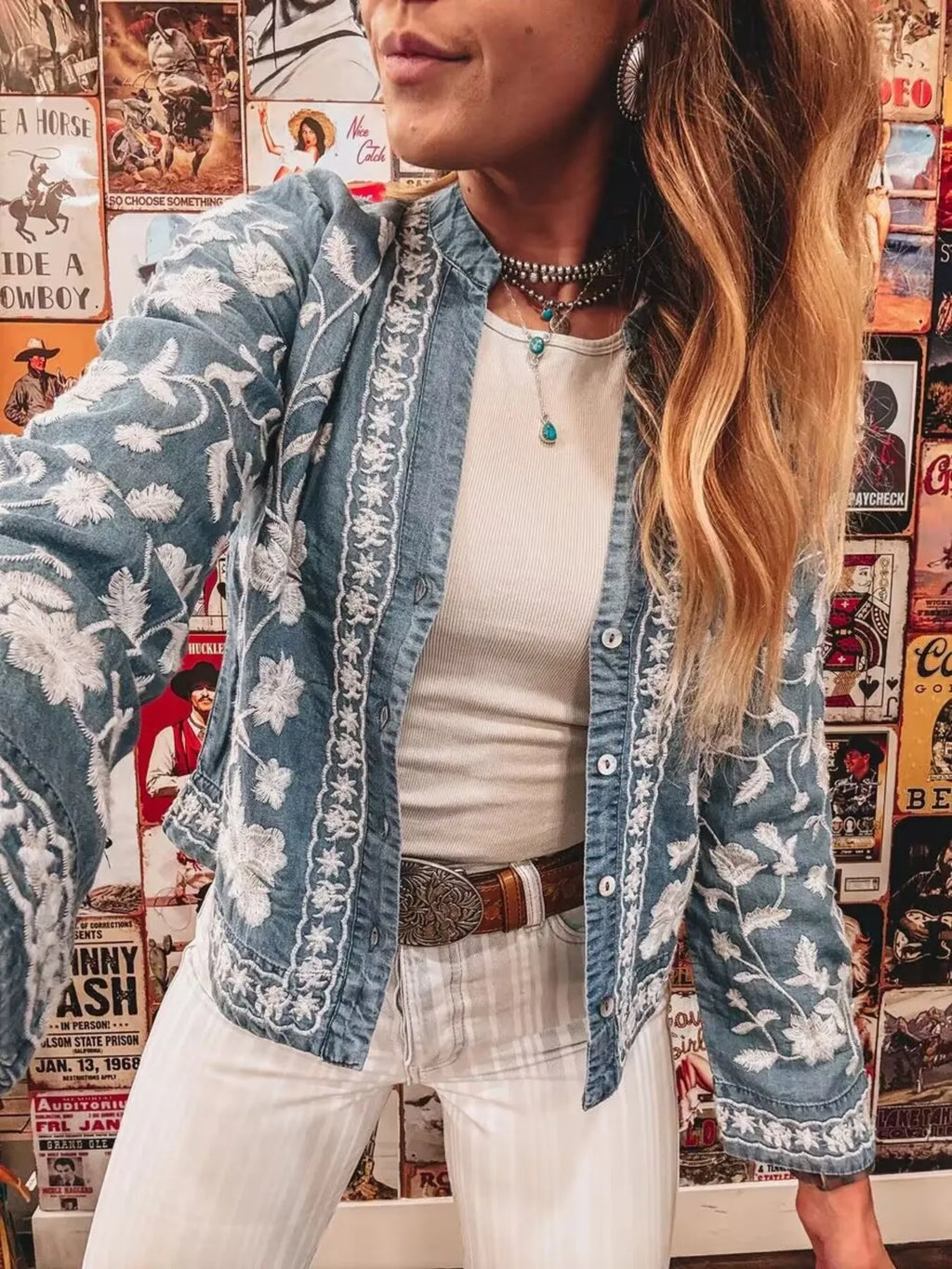 Floral Embroidered Button Up Denim Shirt - Lilixa.store