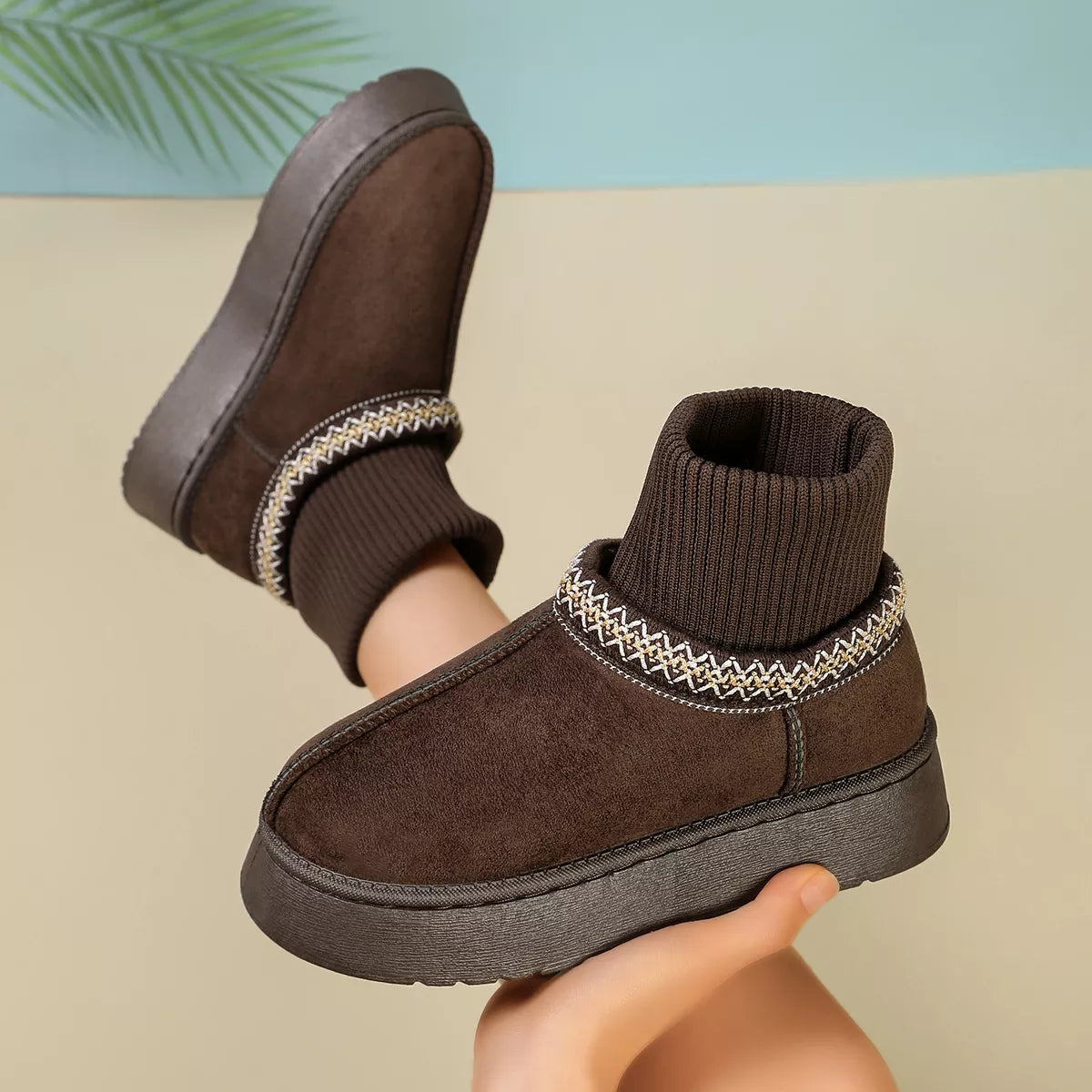 Cozy Knit-Cuff Platform Suede Boots with Decorative Trim, view 3
