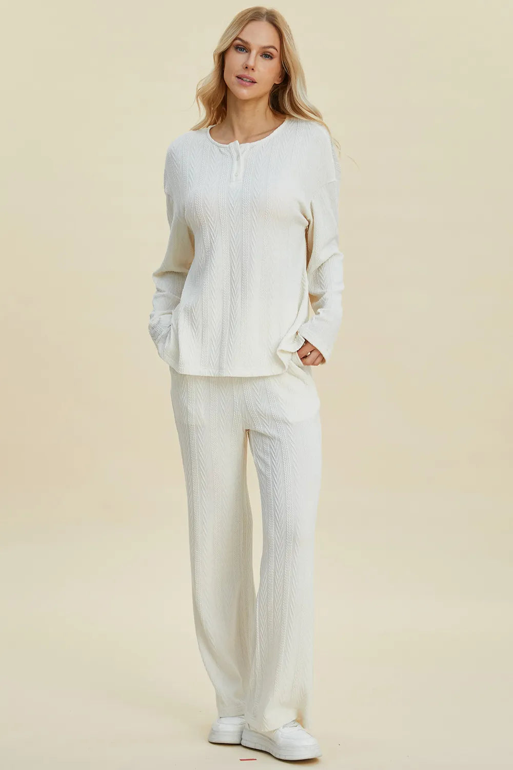 Double Take Full Size Cable-Knit Long Sleeve Top and Pants Set, view 6