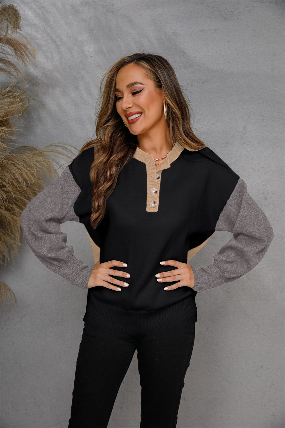 Angel Wings Round Neck Buttoned Knit Top - Lilixa.store