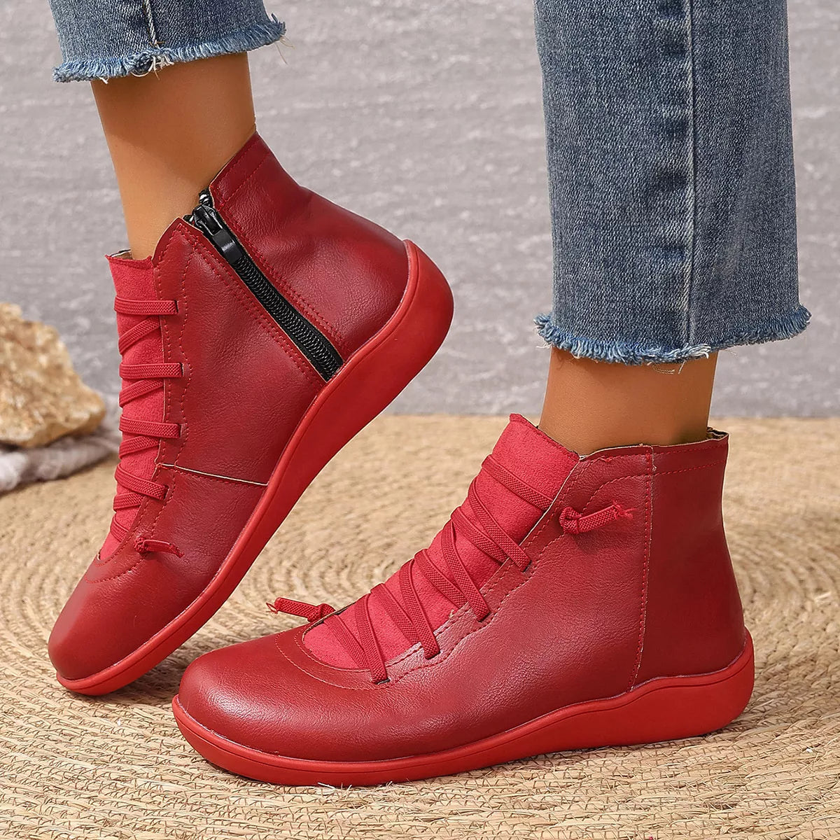 Lace-Up Faux Leather Ankle Boots in Red