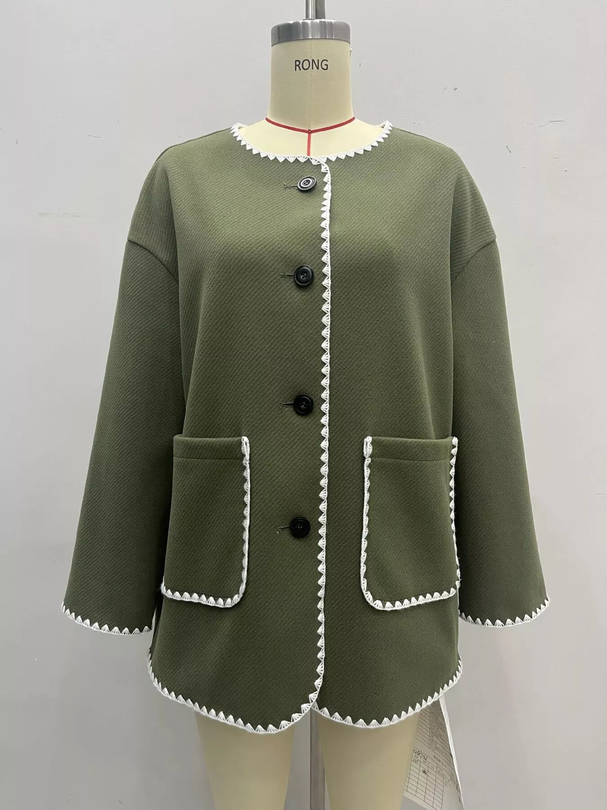 Contrast Trim Button-Front Outerwear in Army Green, view 6