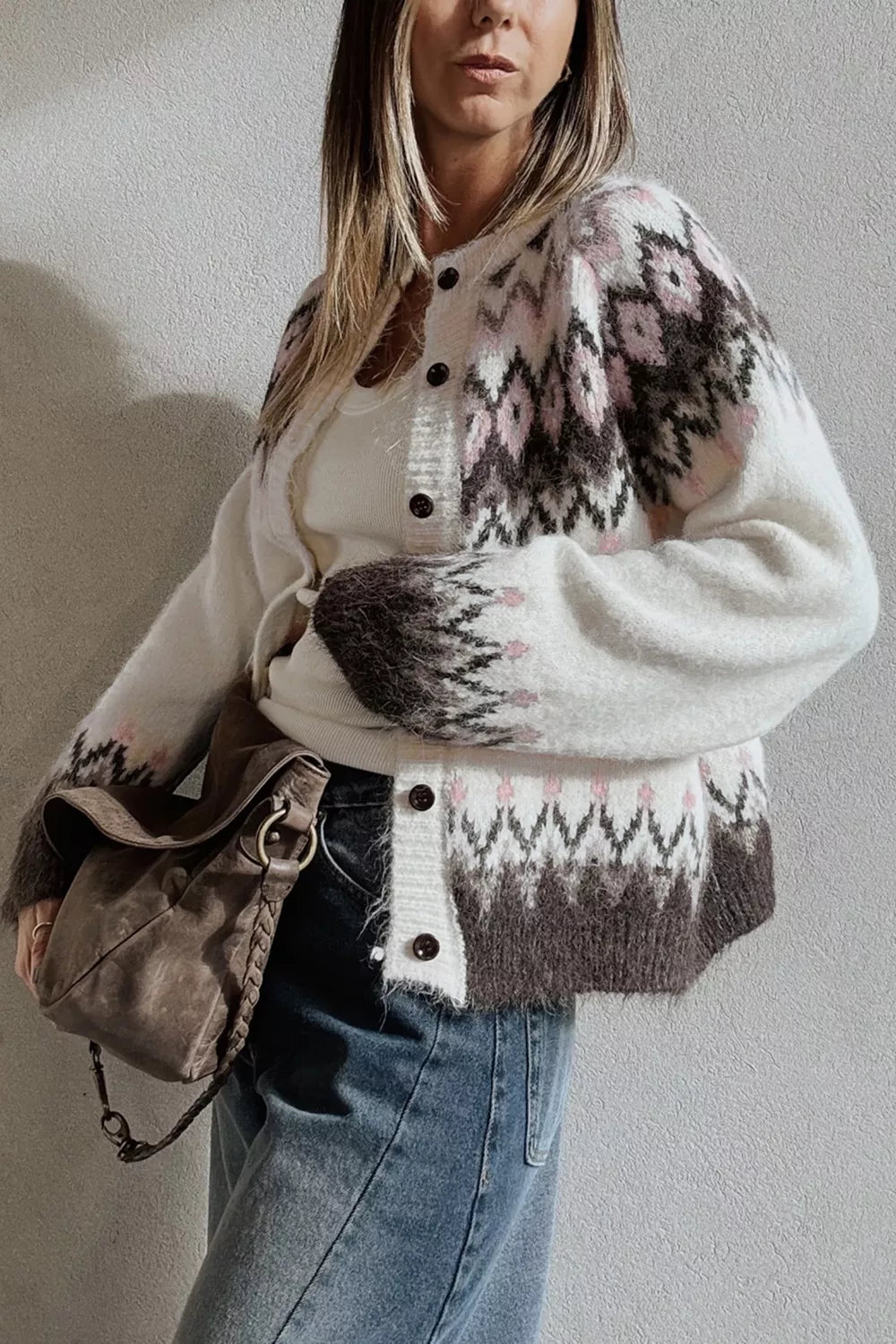 Geometric Pattern Brushed Knit Button Cardigan - Lilixa.store