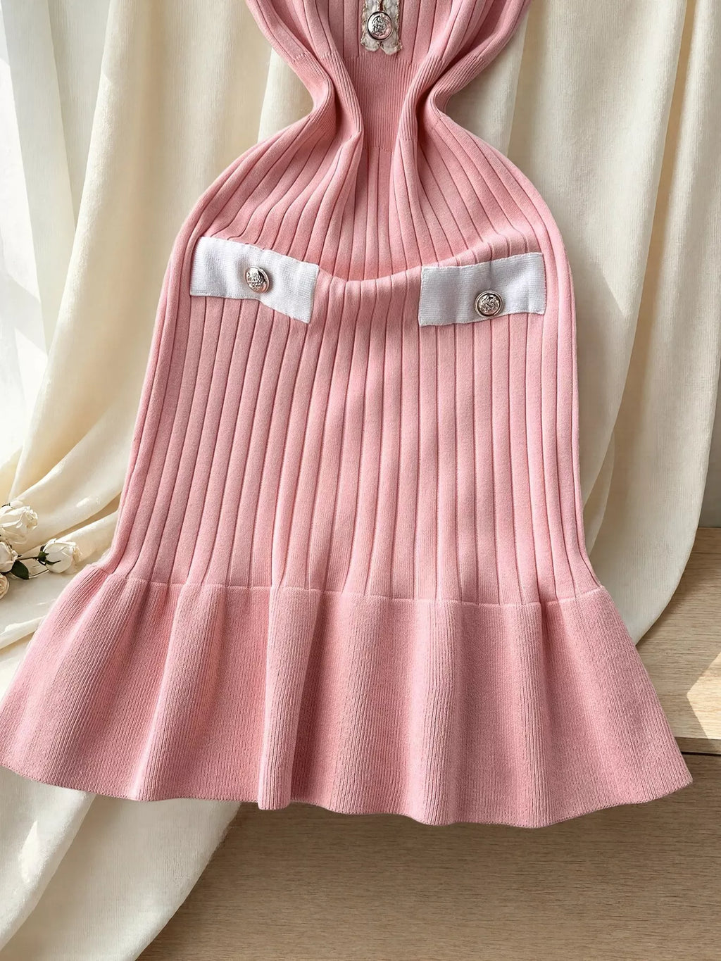 Ruffled Hem V-Neck Ribbed Knit Dress - Lilixa.store