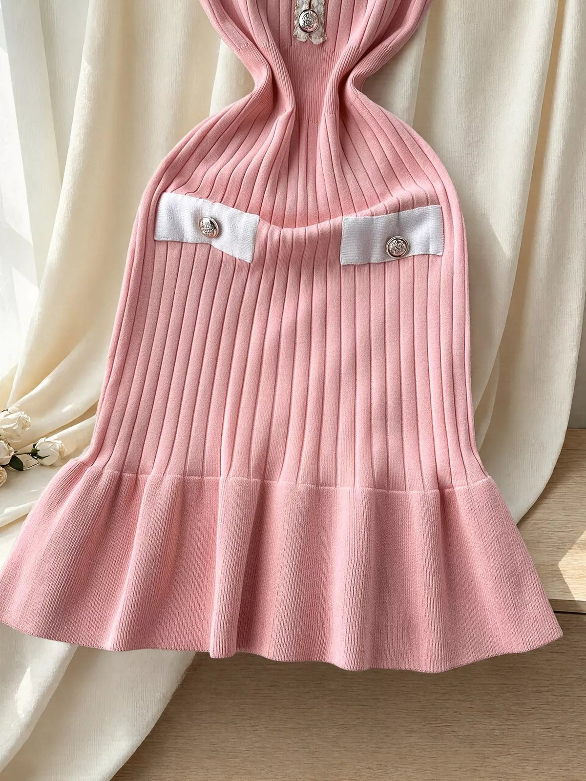 Ruffled Hem V-Neck Ribbed Knit Dress - Lilixa.store