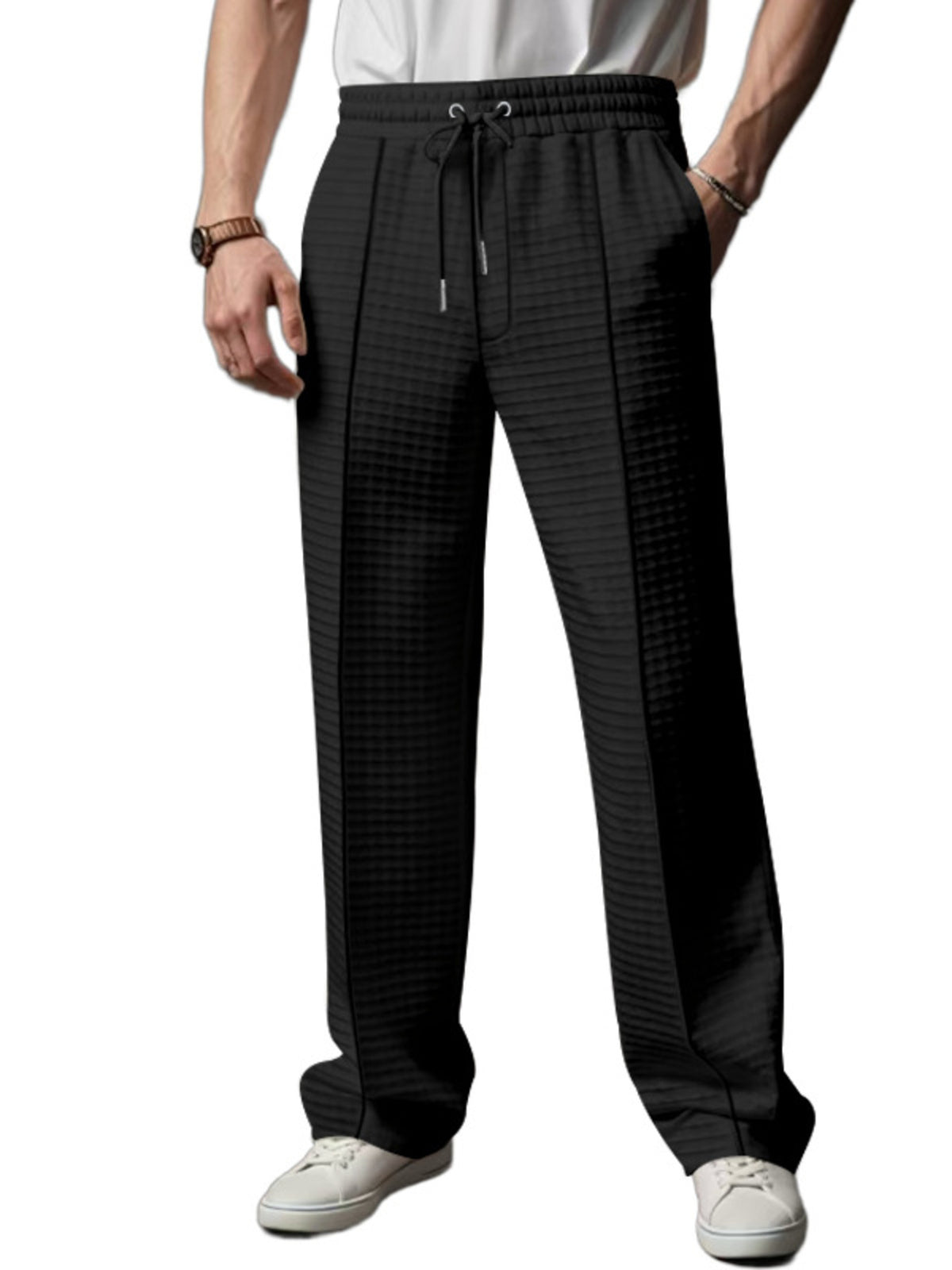 Men's Full Size Textured Drawstring Casual Pants Plus Size in Black
