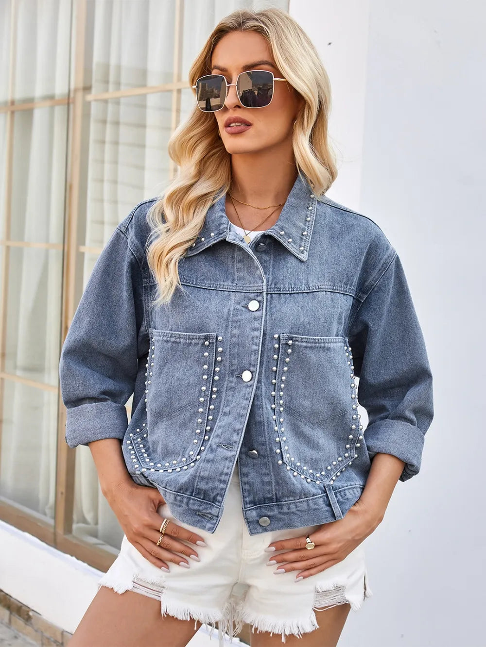 Studded Long Sleeve Denim Jacket, view 2