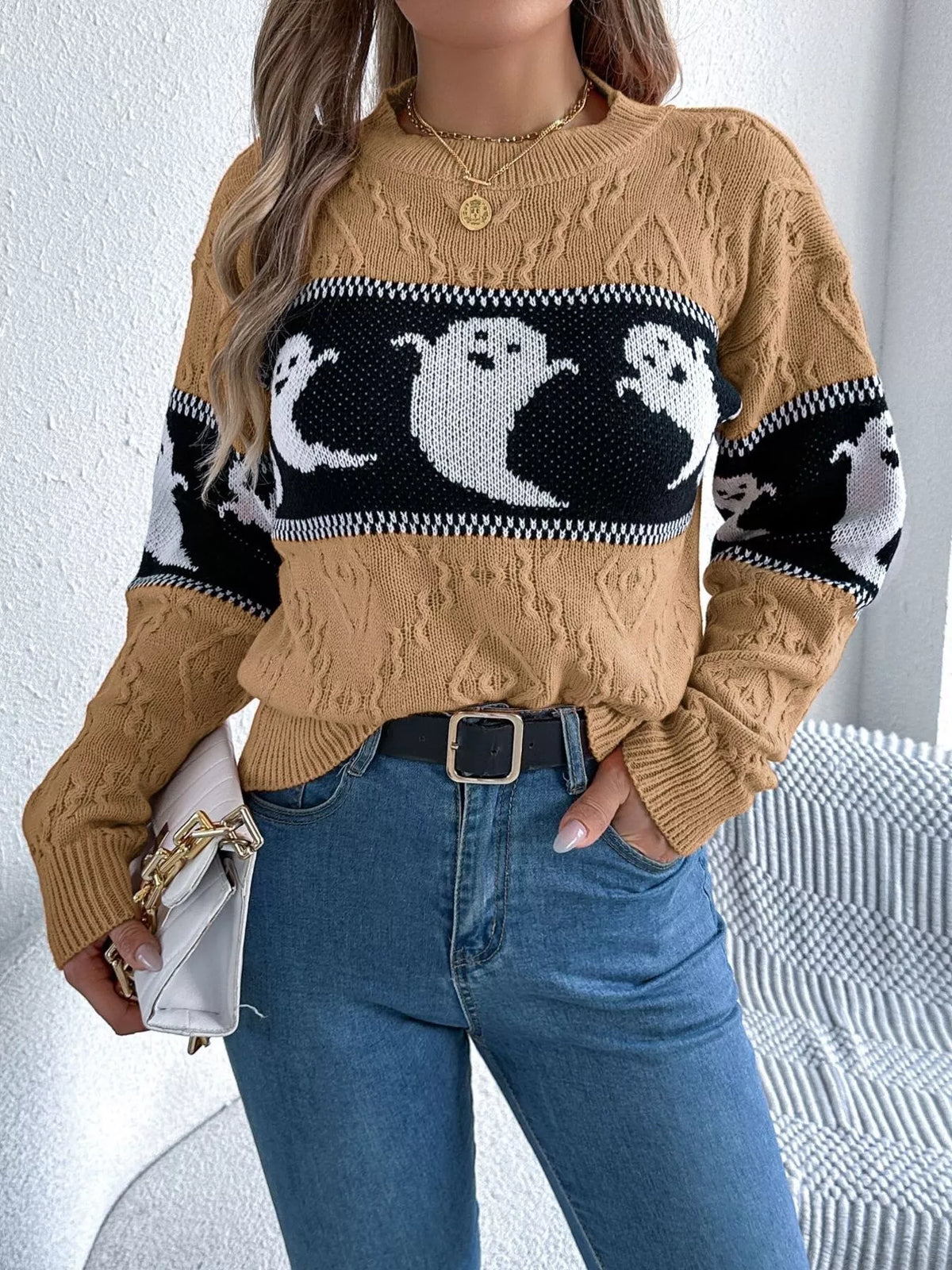 Halloween Ghost Pattern Textured Sweater