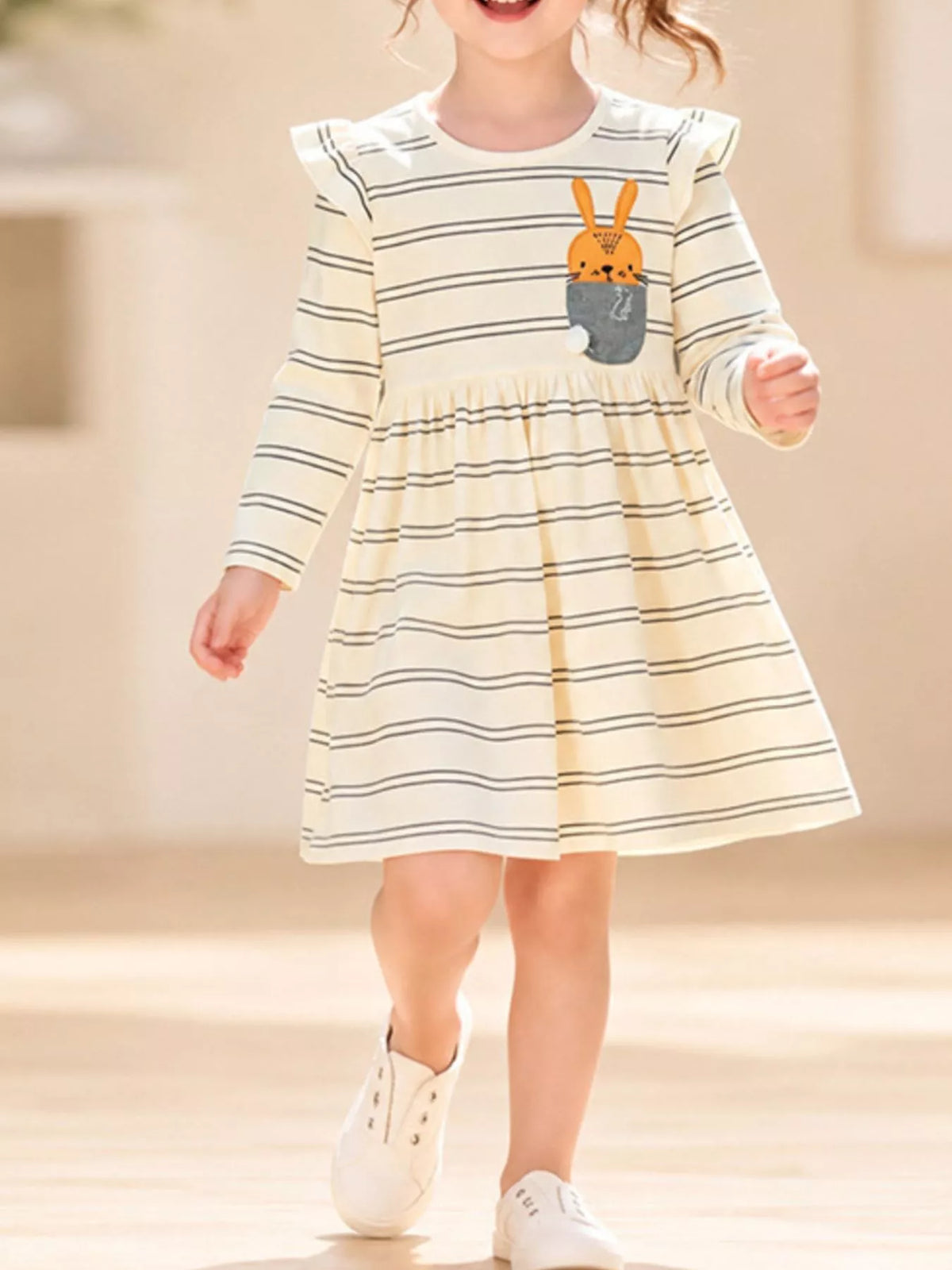 Children's Striped Long-Sleeve Dress with Rabbit Pocket Detail - Lilixa.store
