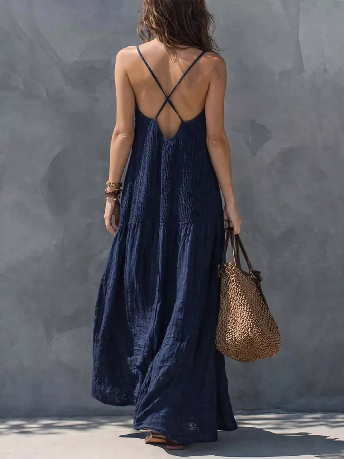 Sleeveless Smocked V-Neck Casual Maxi Dress - Lilixa.store