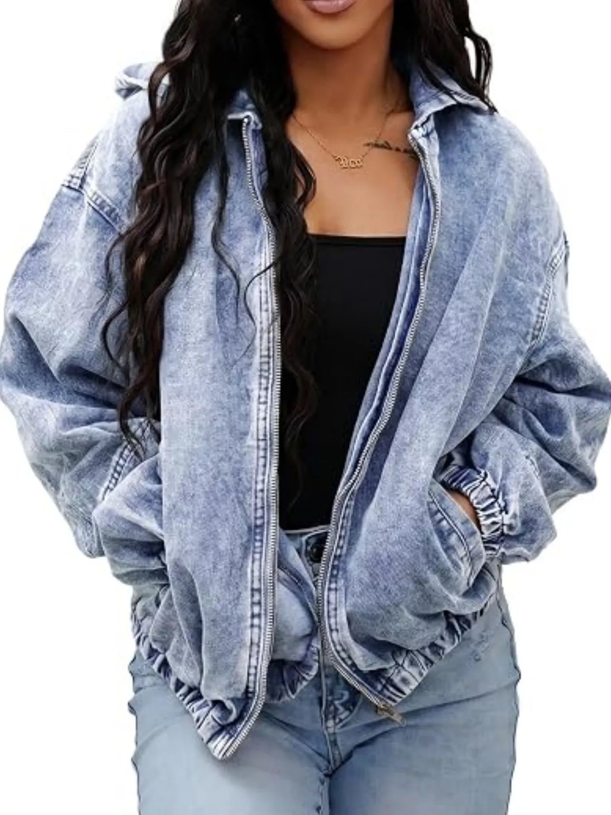 Vintage Washed Zip Up Hooded Denim Jacket in Sky Blue