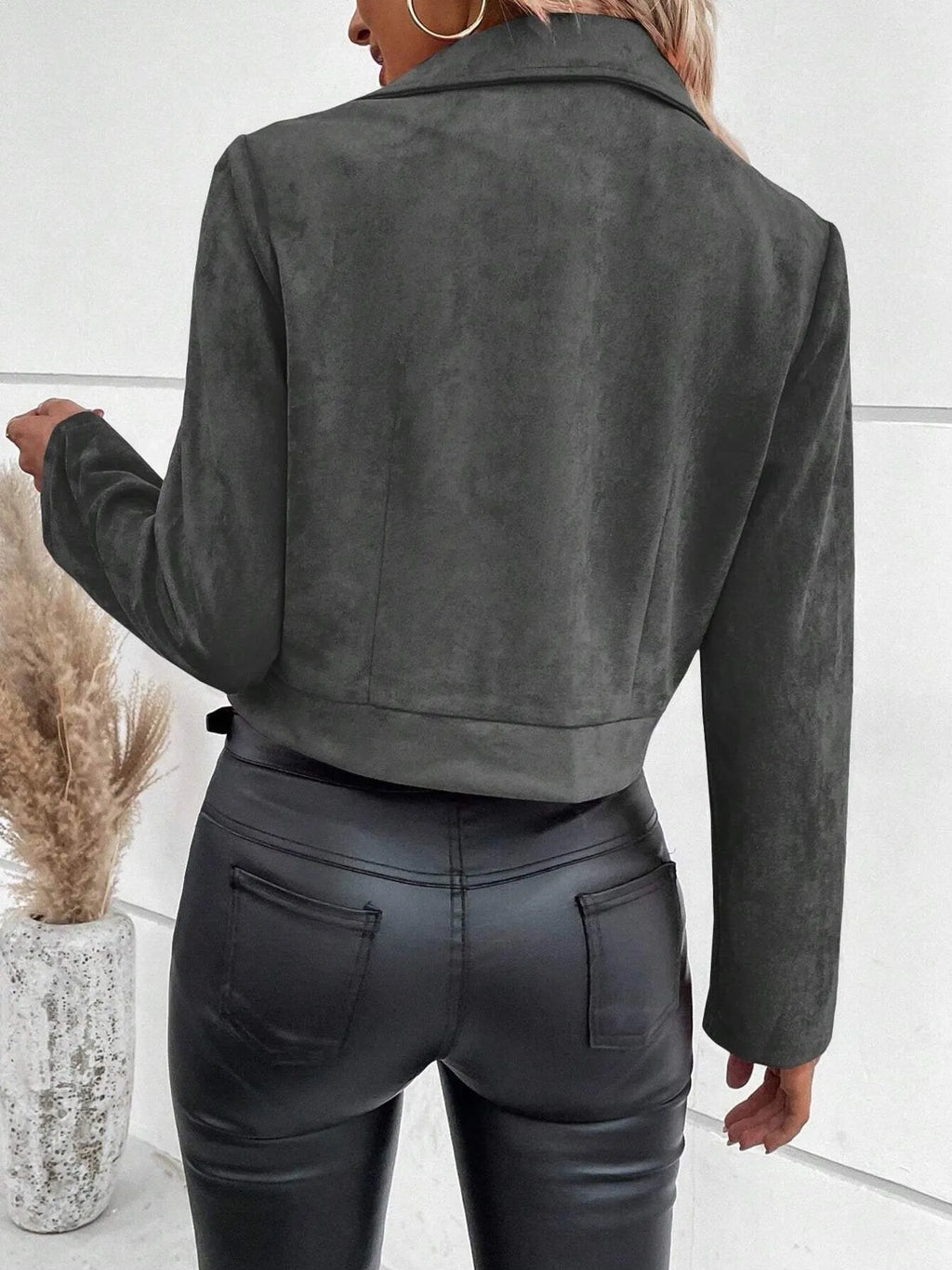 Zip Up Suede Cropped Moto Jacket, view 10
