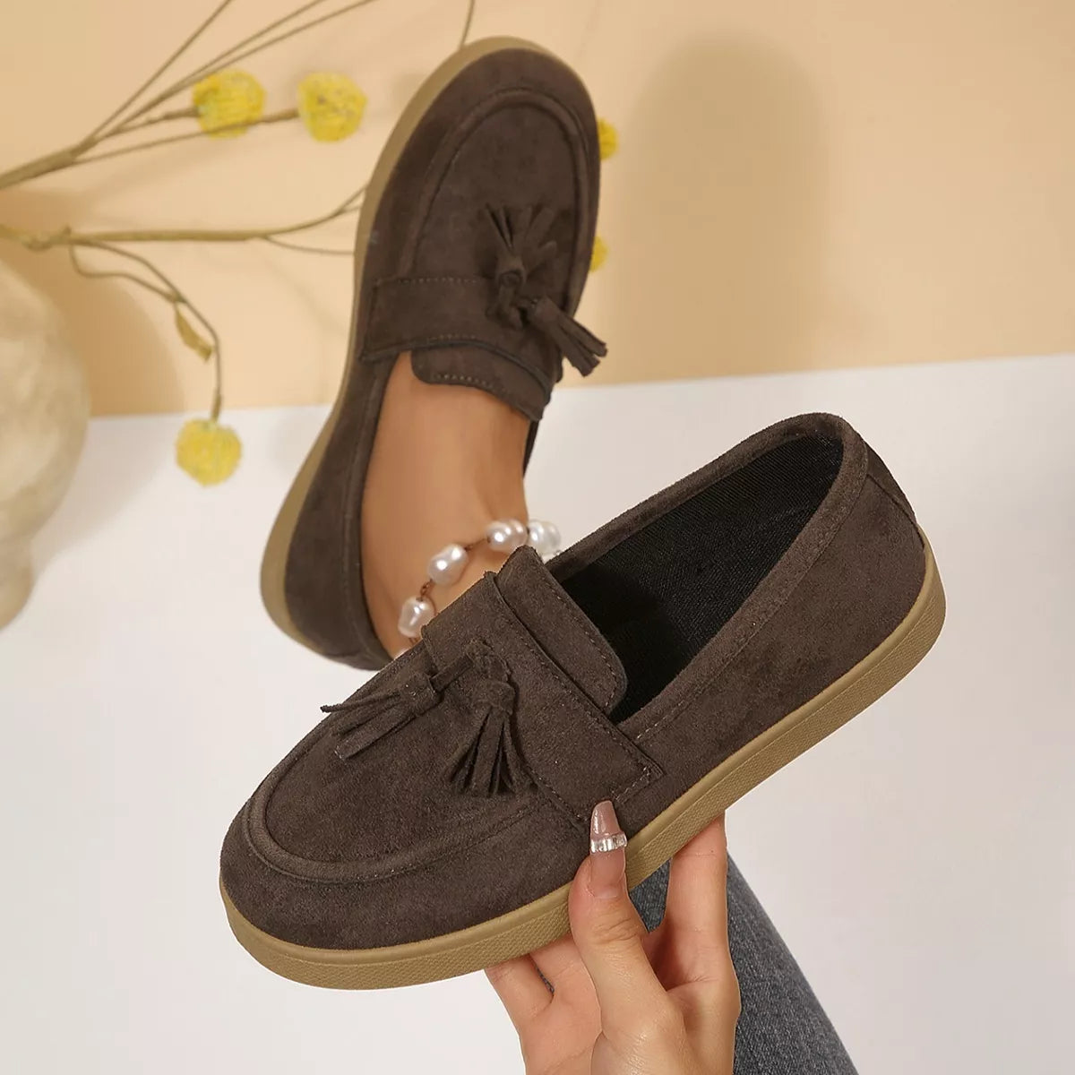 Tassel Suede Loafers with Comfortable Flat Sole, view 5