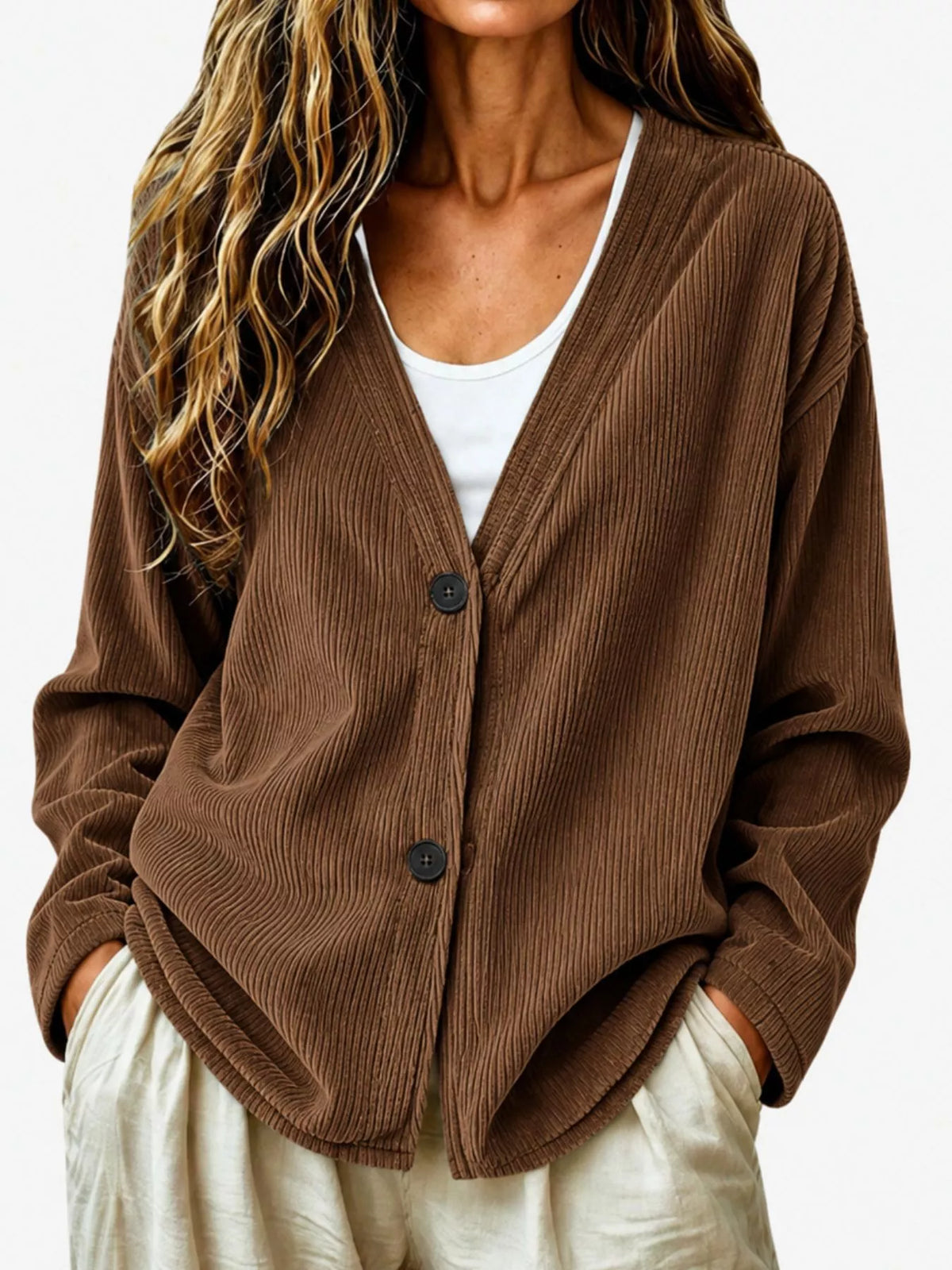 Casual Corduroy Button-Up Cardigan in Brown