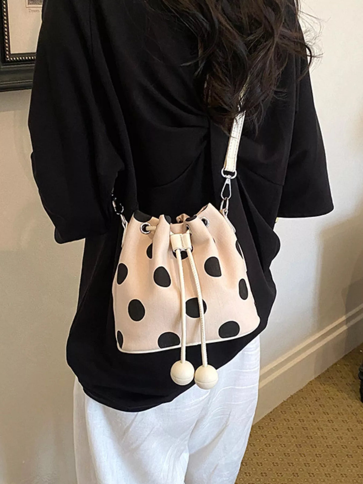 Polka Dot Drawstring Bucket Crossbody Bag