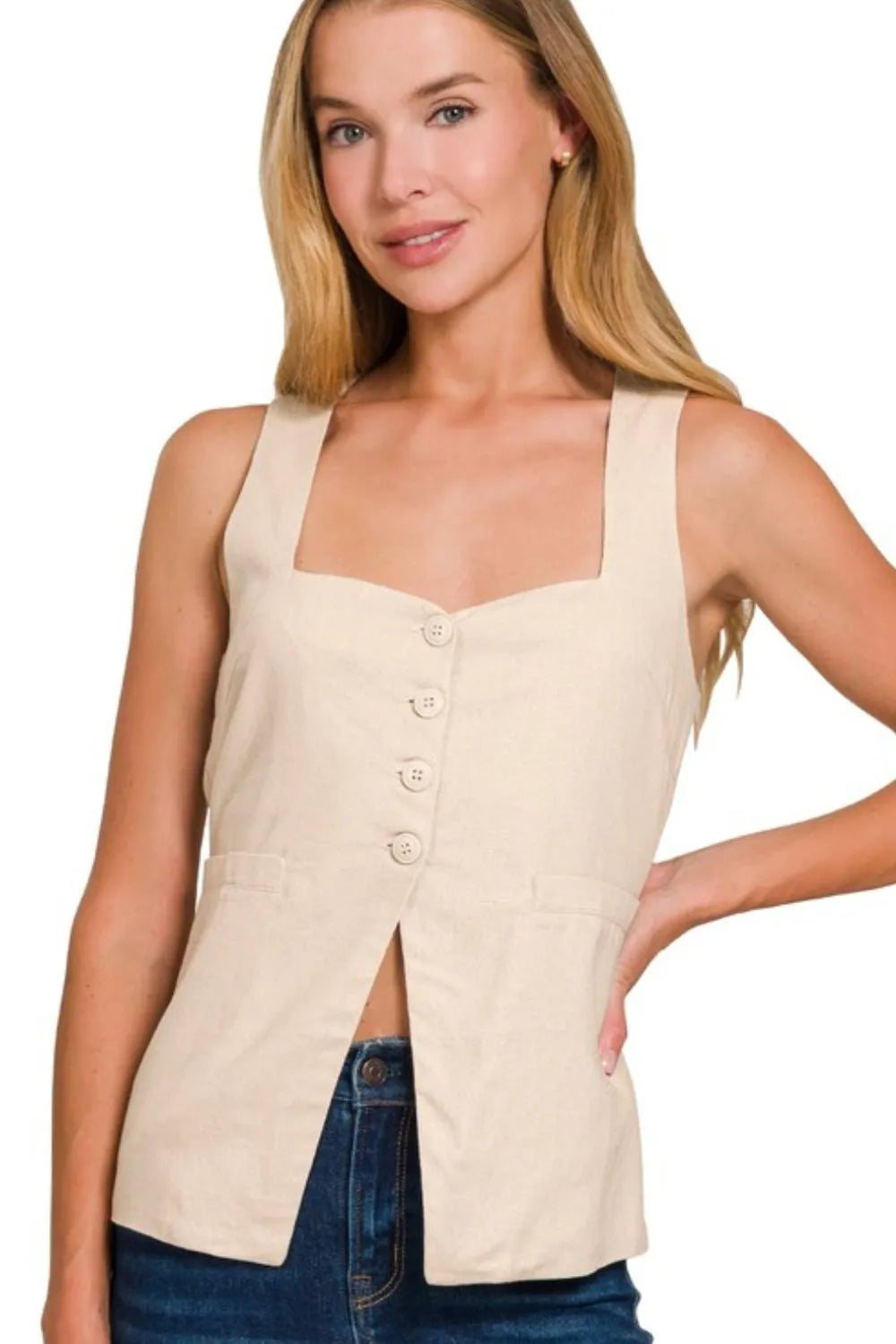 Zenana Linen Tie-back 4-button Vest with Lining in Sand Beige