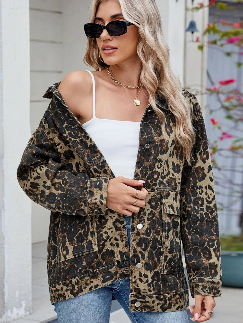 Leopard Button Up Drop Shoulder Denim Jacket, view 3