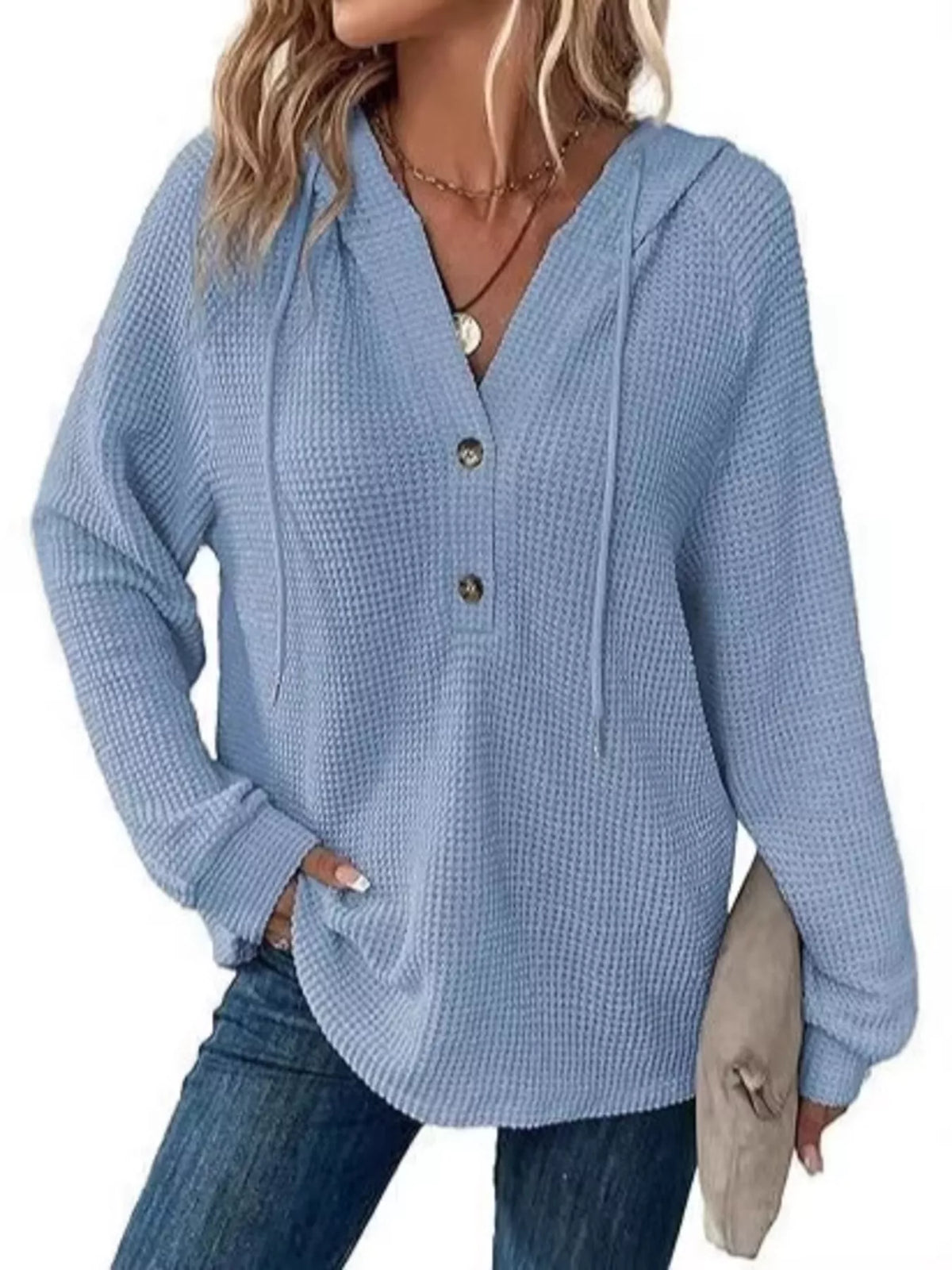 Full Size Waffle Knit Half-Button Hoodie Plus Size - Lilixa.store